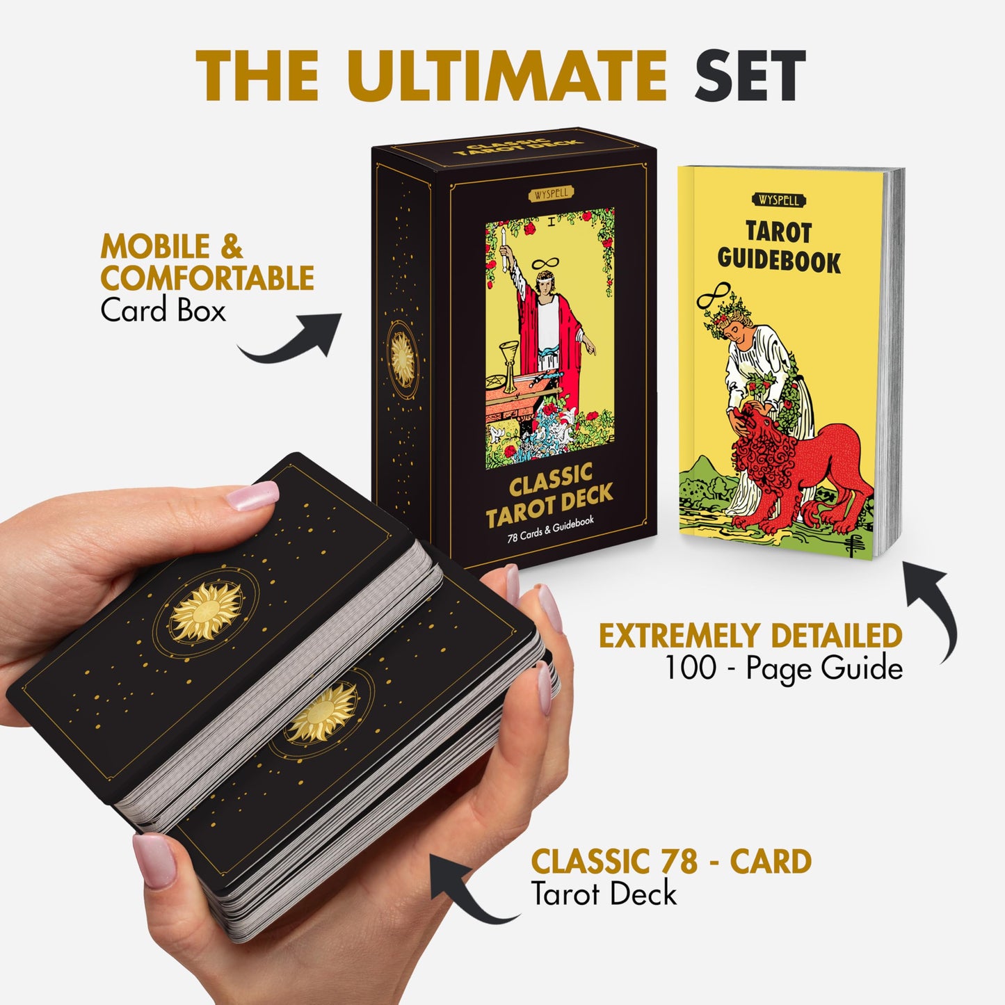 Wyspell Classic Tarot Cards for Beginners - Original Tarot Cards with Guide Book - Beginner Friendly - Traditional Tarot Deck (Dark)