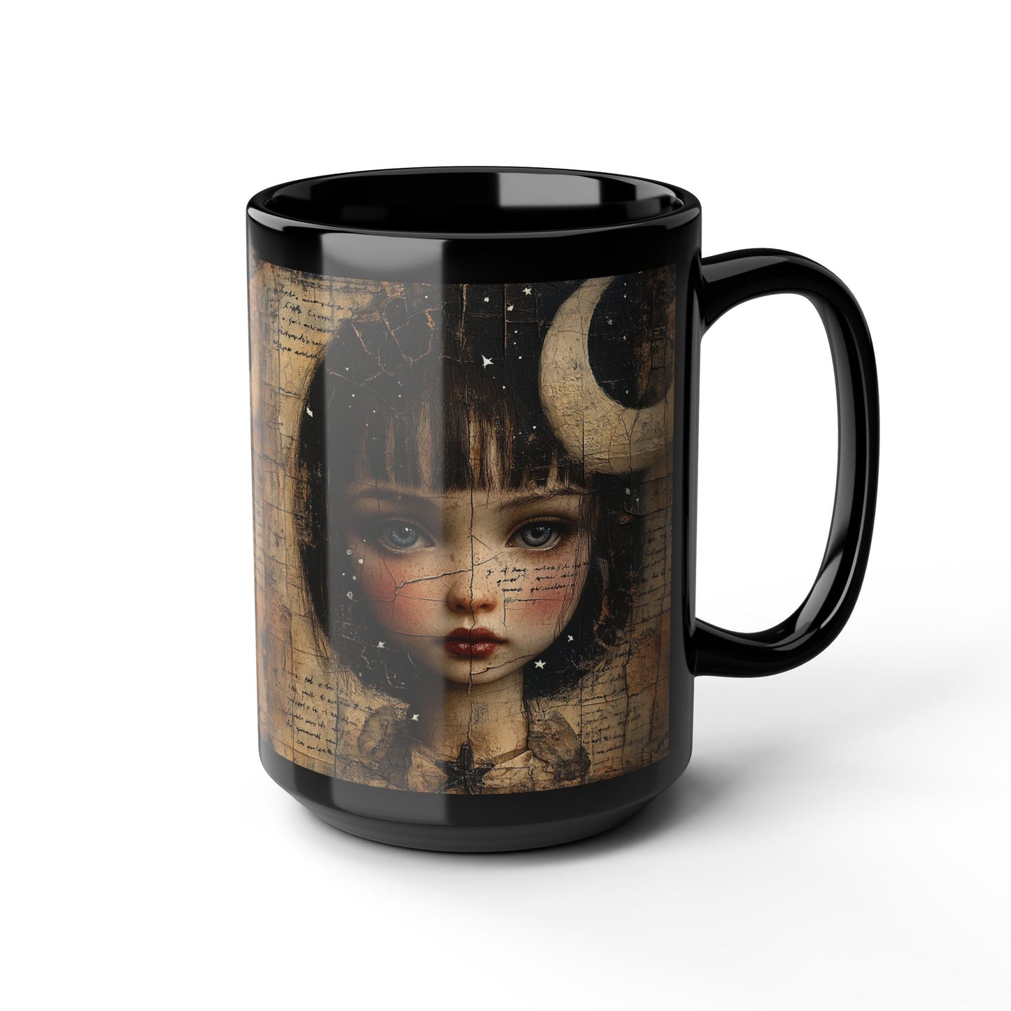 Gothic Doll Portrait Mug | Black 15oz, Moon Collage Art