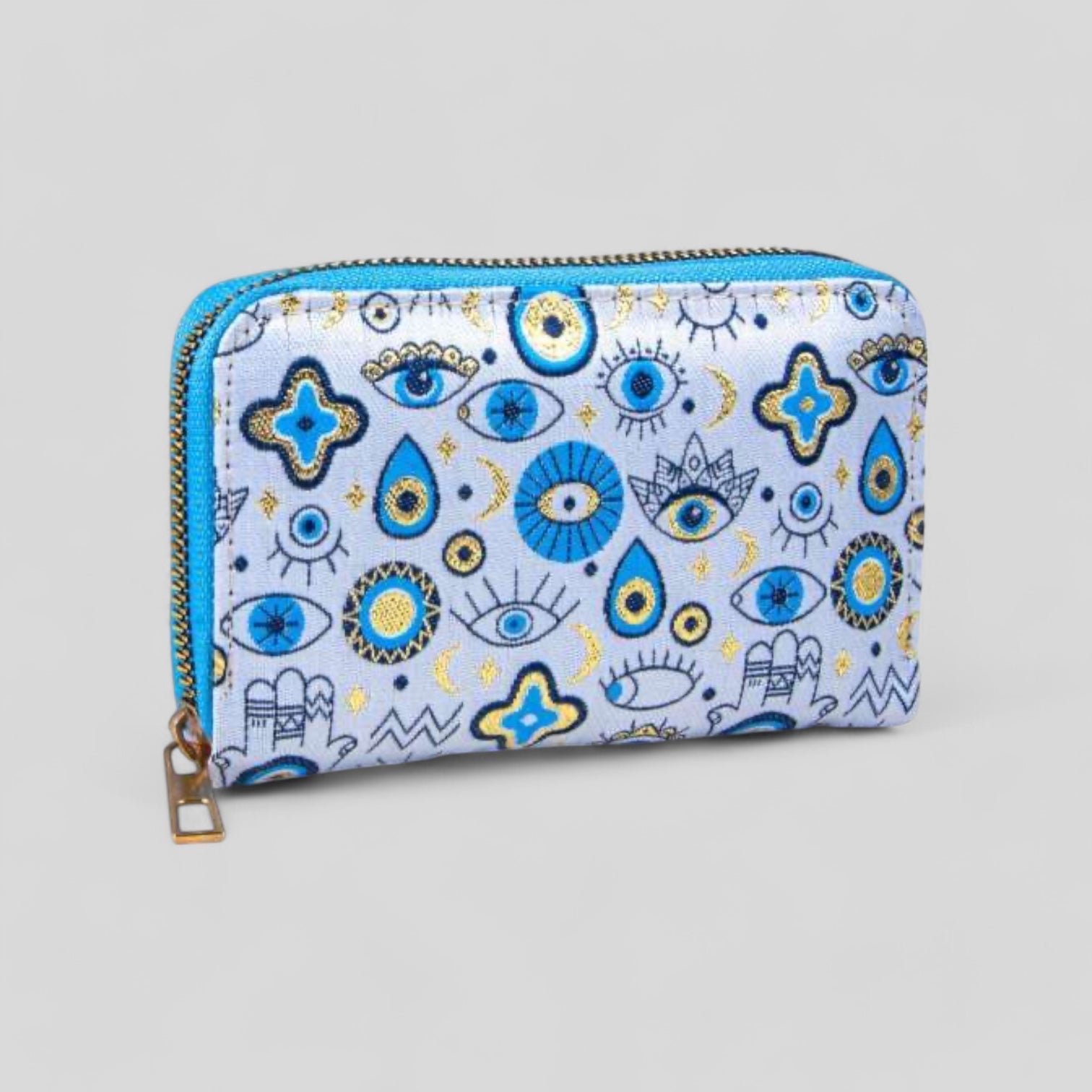 Cute Various Hamsa Hand and Evil Eye Patterned Woven Zipper Wallet with Gold Accents-0