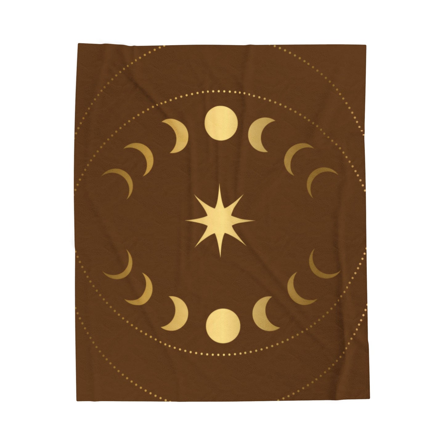 Celestial Moon Phase Velveteen Plush Blanket | Gold & Brown Cosmic Throw