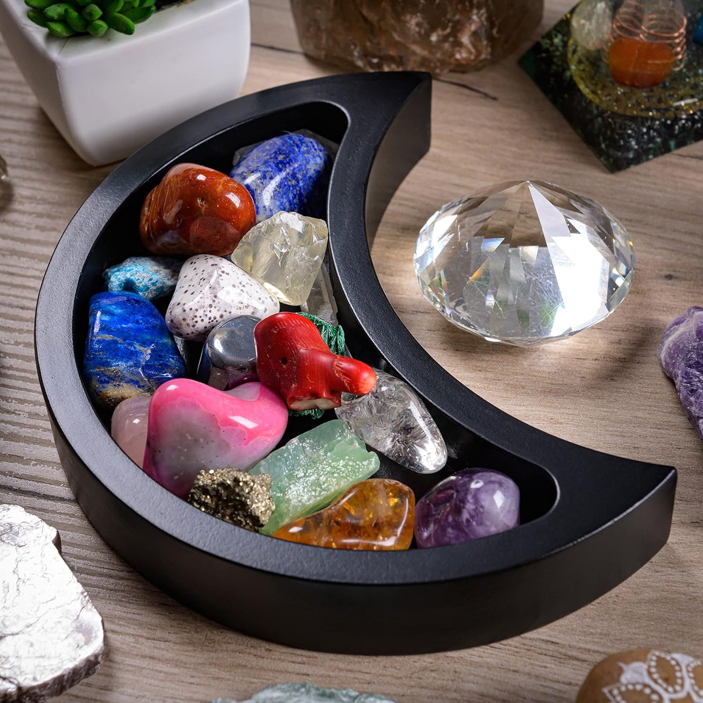 Curawood Crescent Moon Wooden Tray – Crystal Display & Charging Dish for Gems & Healing Stones (6” x 3”)
