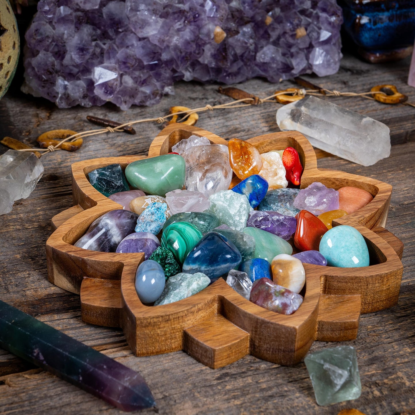 Curawood Lotus Crystal Display Tray – Wooden Charging Bowl for Gems & Healing Stones (11” x 7” Horizon)