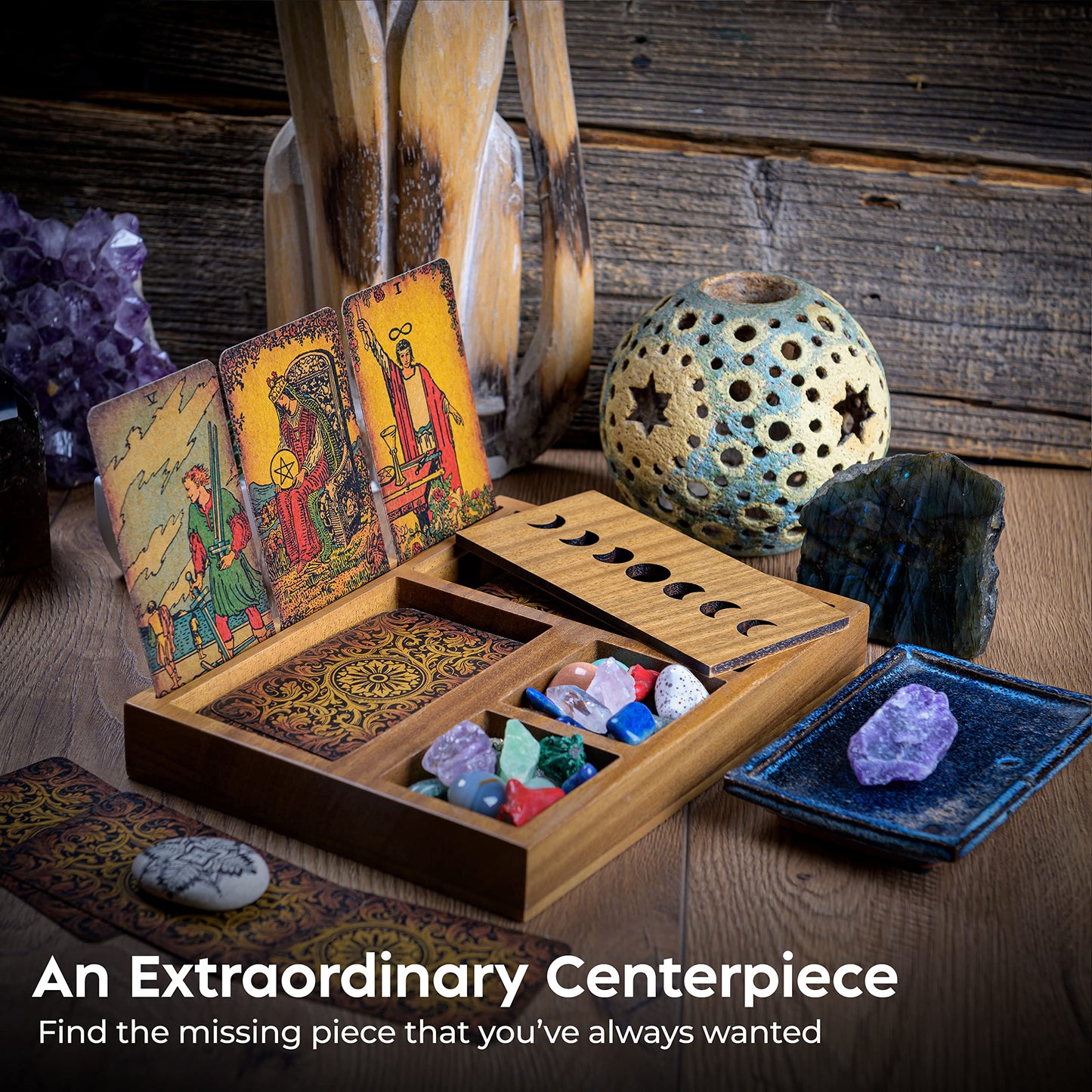Curawood Tarot Card Holder Stand – 3 Card Display with Etched Moon | Wooden Tarot & Altar Accessory