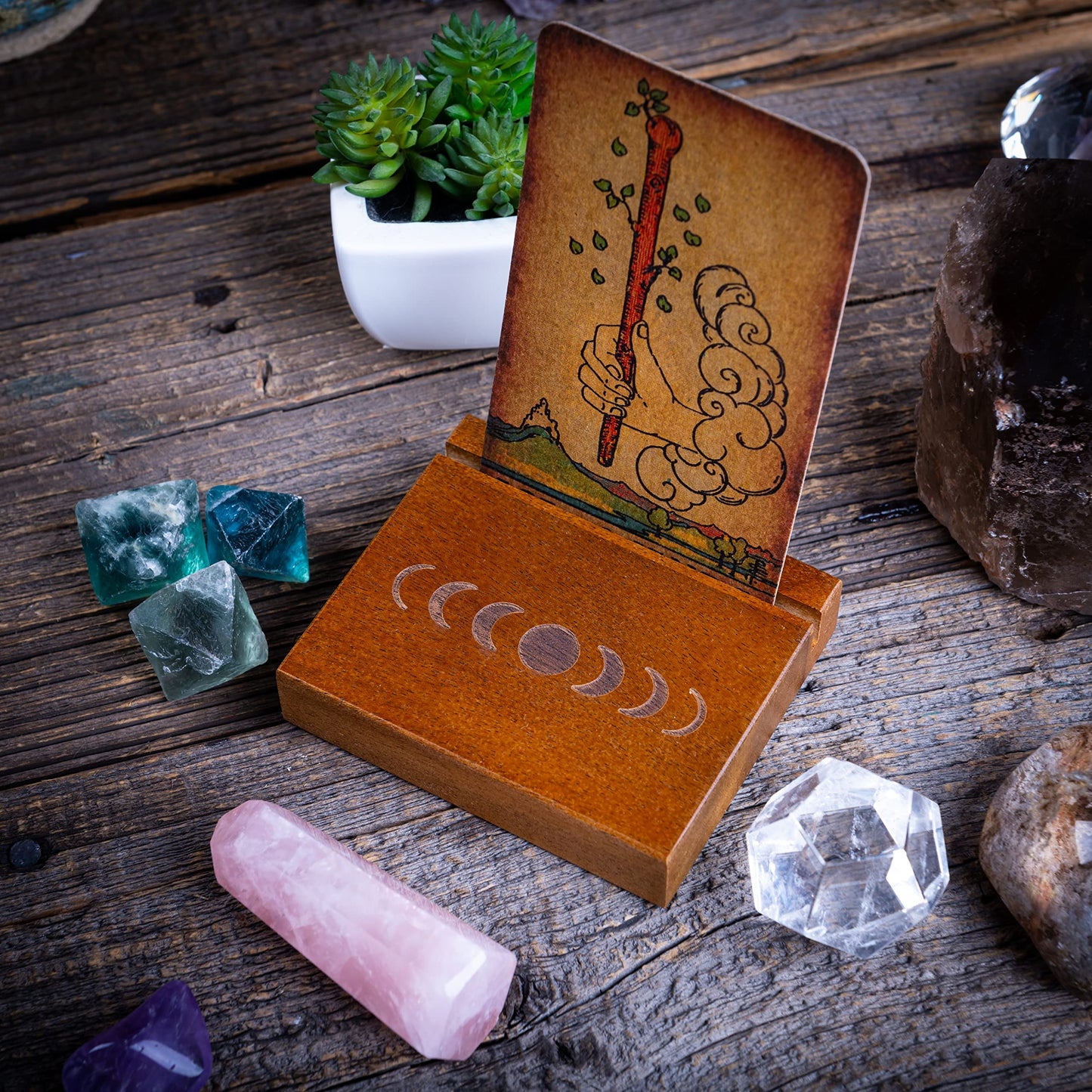 Curawood Tarot Card Holder Stand – 3 Card Display with Etched Moon | Wooden Tarot & Altar Accessory