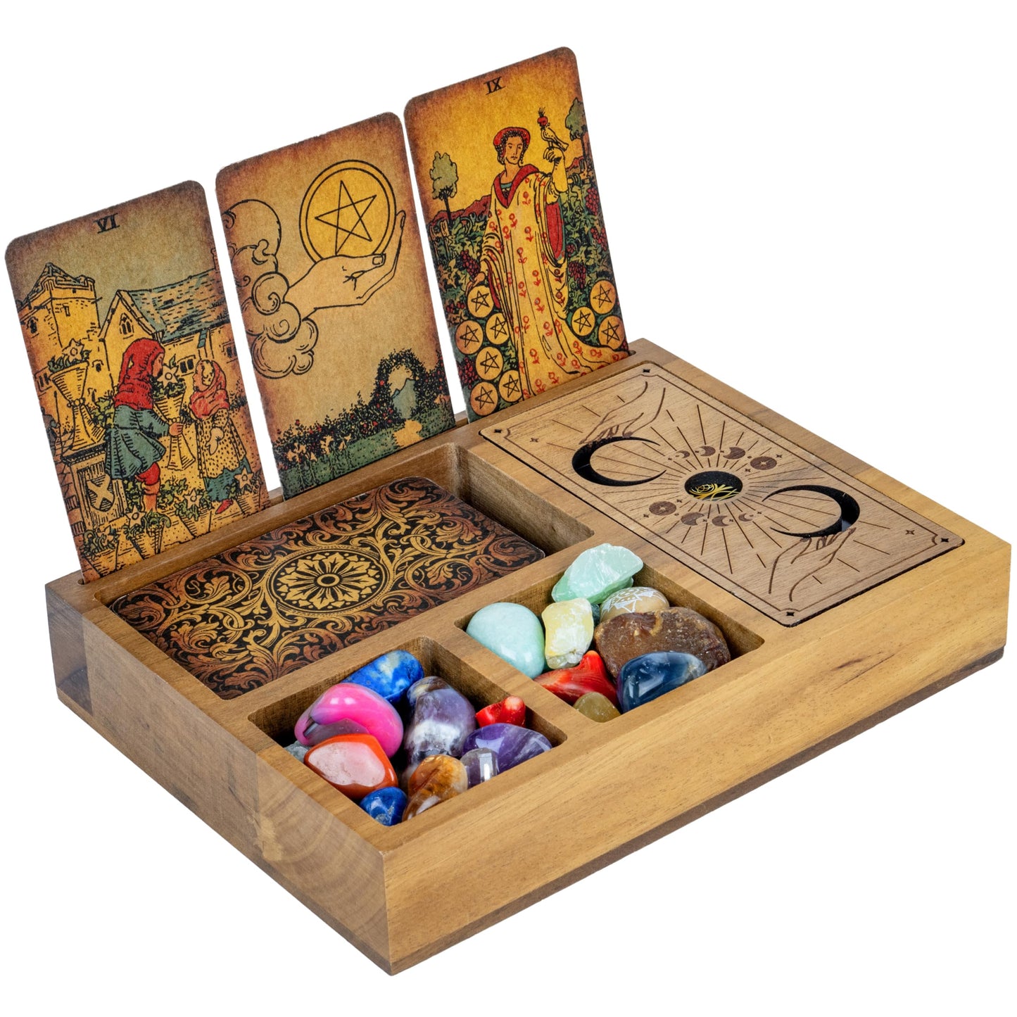 Curawood Tarot Card Holder Stand – 3 Card Display with Etched Moon | Wooden Tarot & Altar Accessory