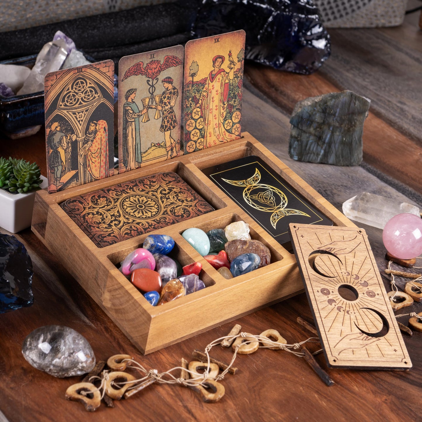 Curawood Tarot Card Holder Stand – 3 Card Display with Etched Moon | Wooden Tarot & Altar Accessory