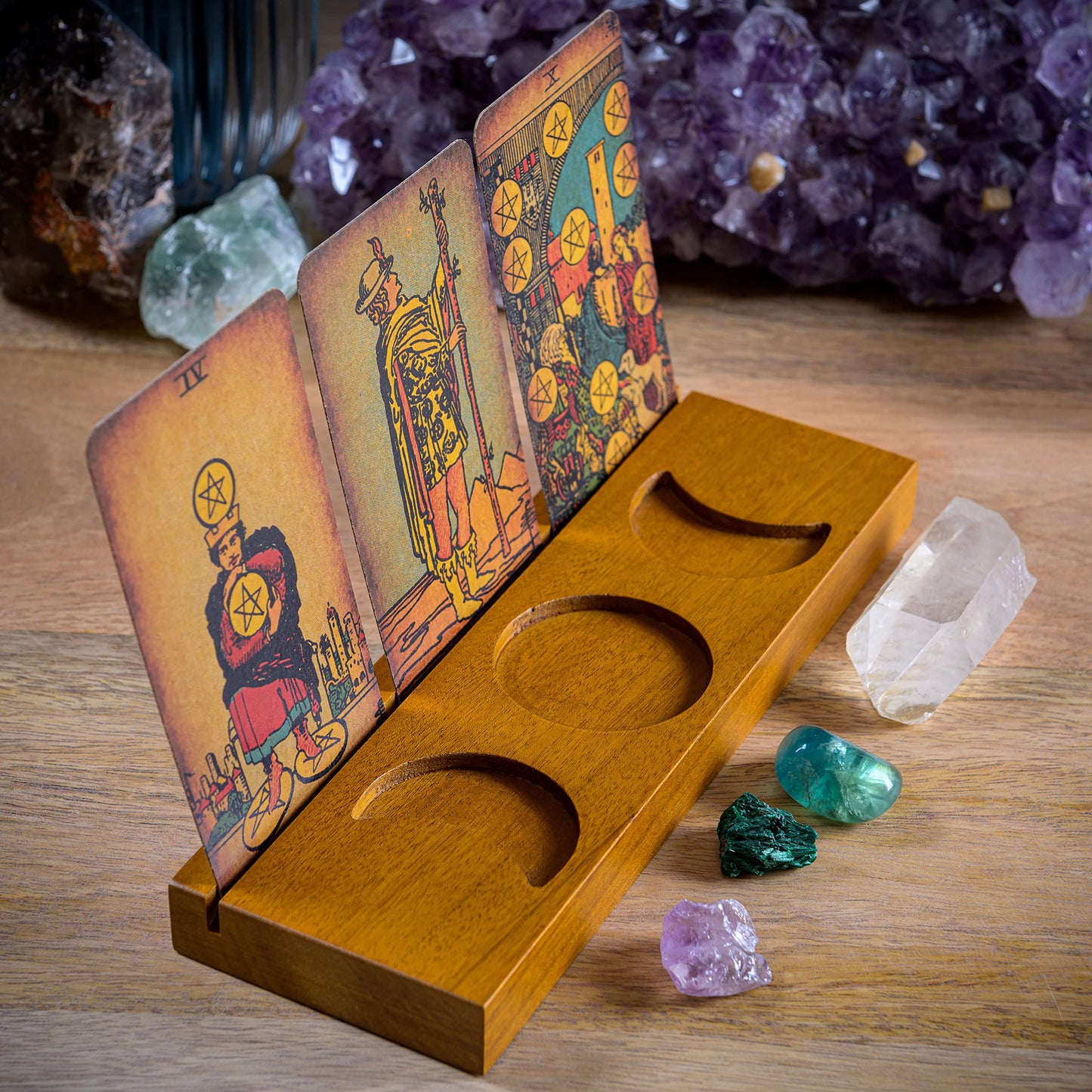 Curawood Tarot Card Holder Stand – 3 Card Display with Etched Moon | Wooden Tarot & Altar Accessory
