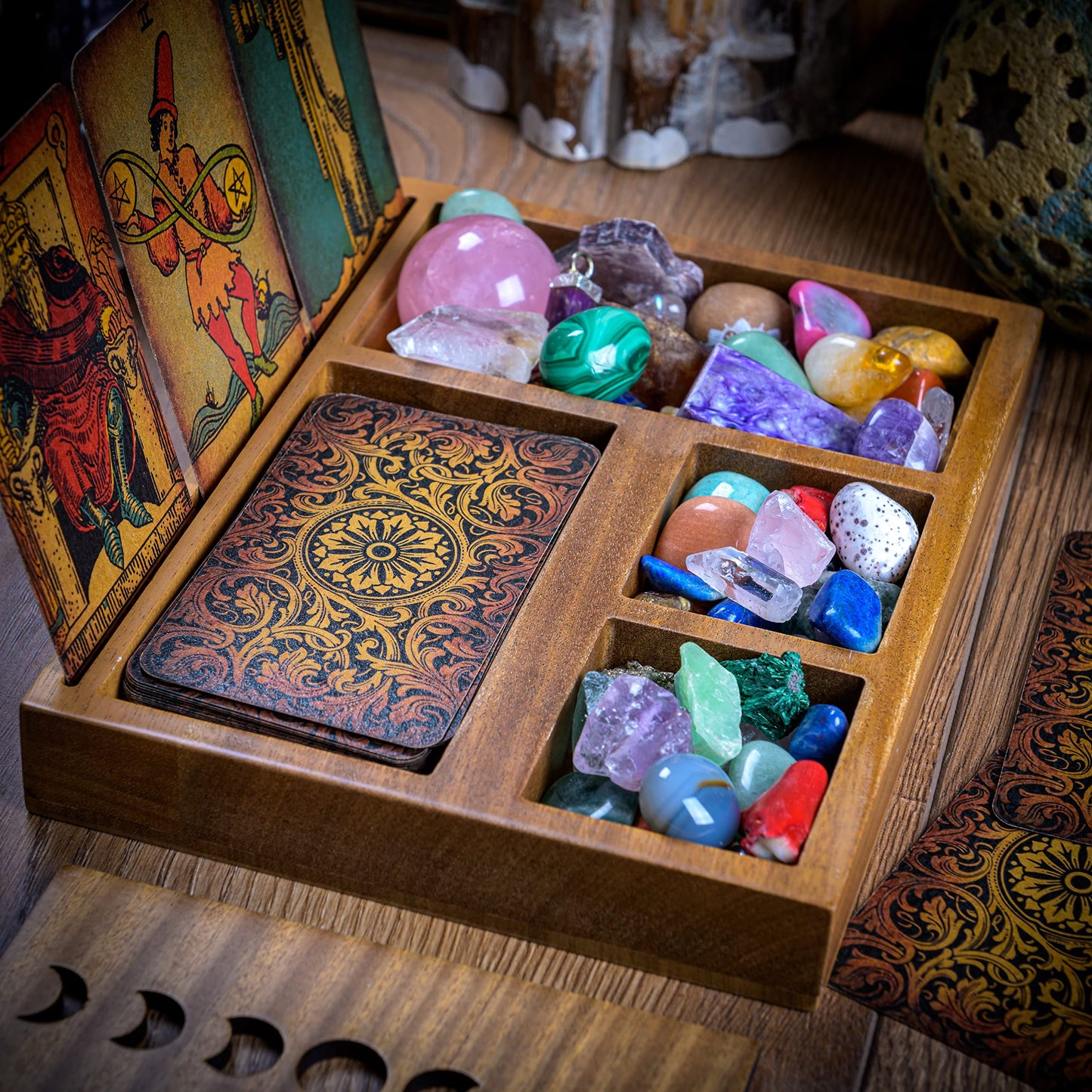 Curawood Tarot Card Holder Stand – 3 Card Display with Etched Moon | Wooden Tarot & Altar Accessory