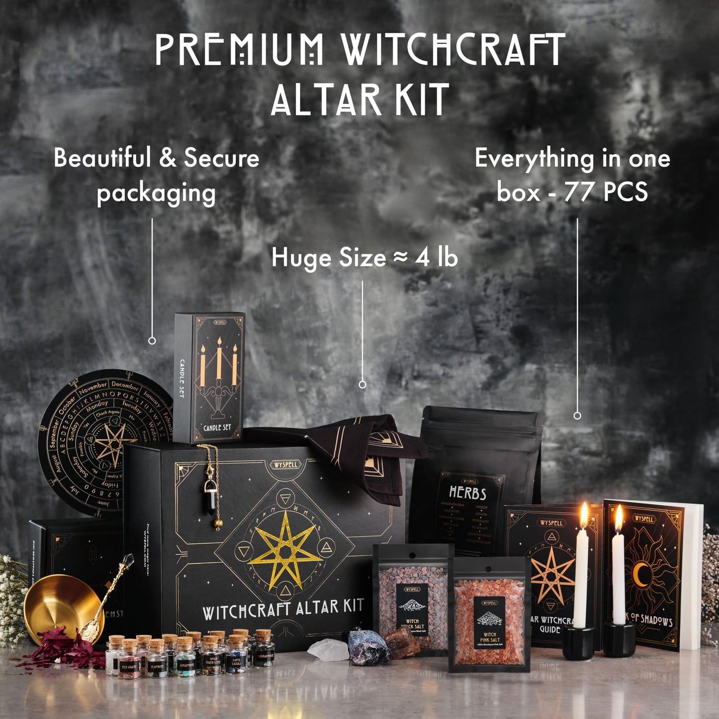 Wyspell Large Witchcraft Kit 77 PCS - Witch Altar Spell Set - Wiccan Supplies and Tools - Witch Kit for Beginners with Witchcraft Supplies - Witchy Gift