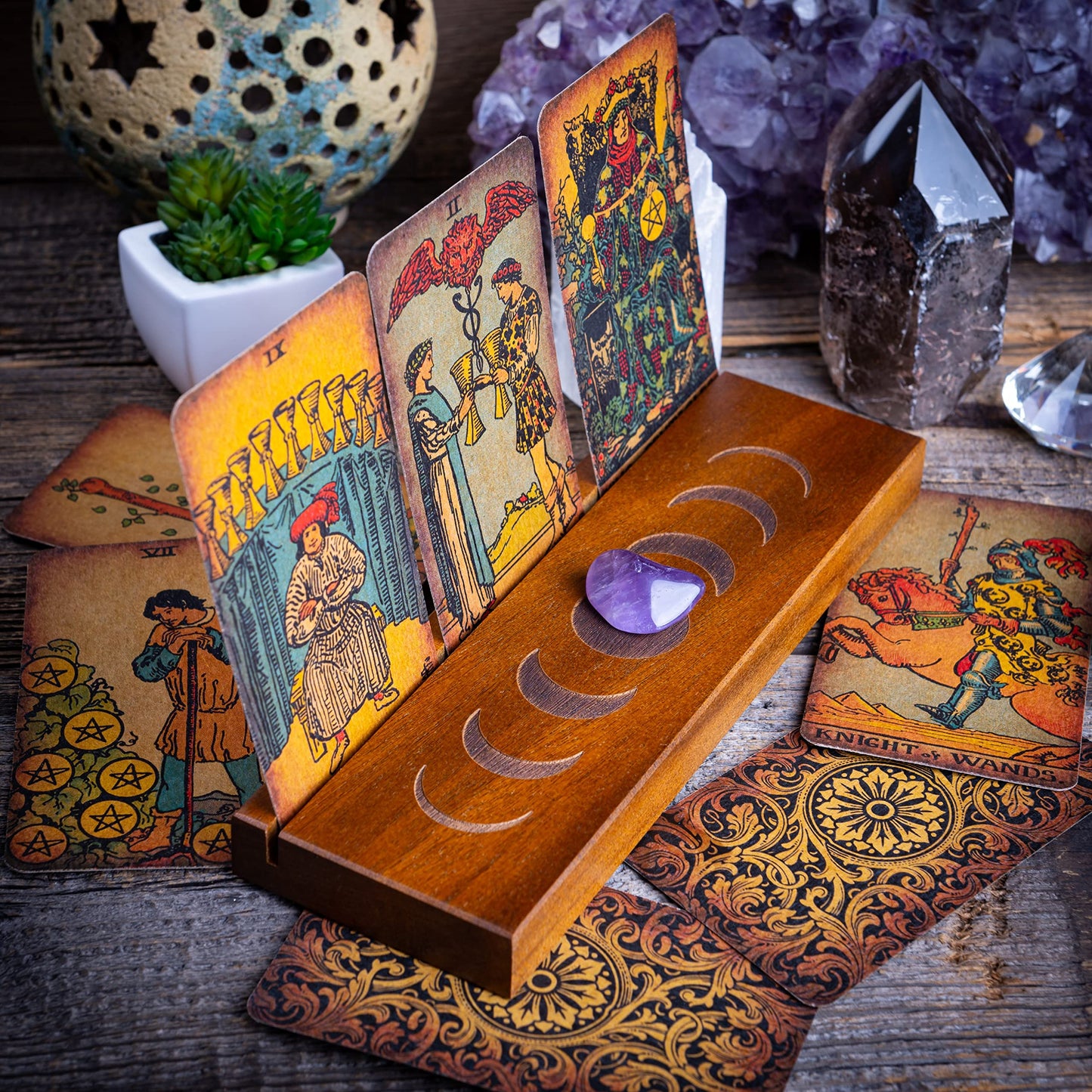 Curawood Tarot Card Holder Stand – 3 Card Display with Etched Moon | Wooden Tarot & Altar Accessory