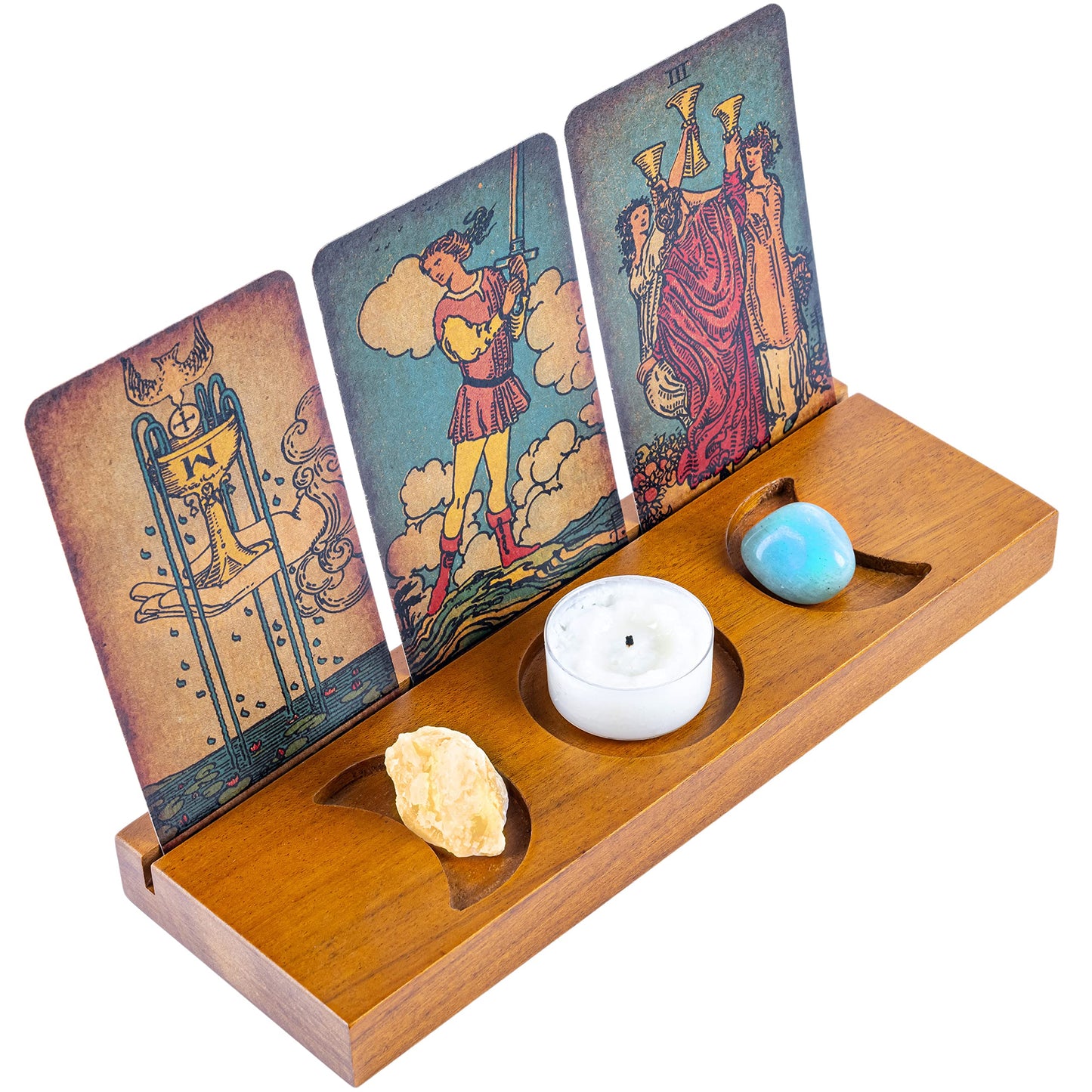 Curawood Tarot Card Holder Stand – 3 Card Display with Etched Moon | Wooden Tarot & Altar Accessory
