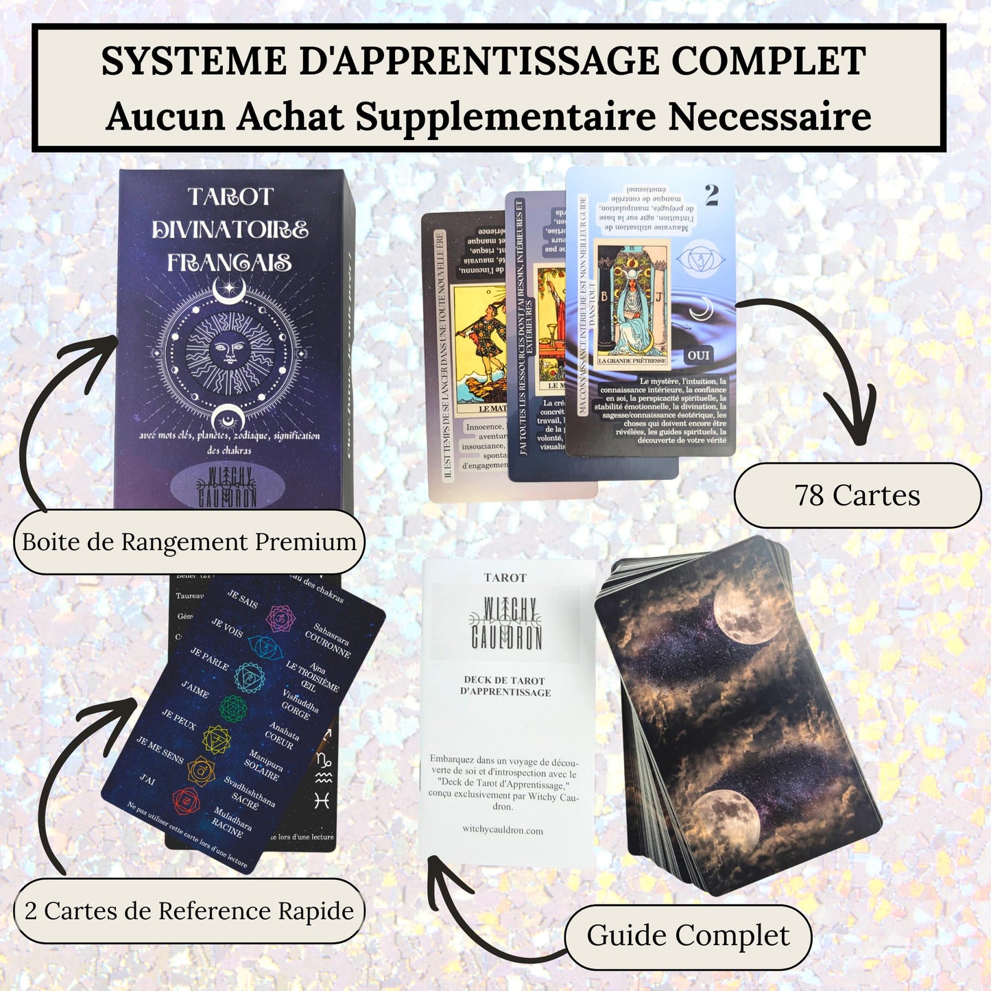 Witchy Cauldron Tarot Cards for Beginners with Meanings on Each Card — 78 Card Learning Tarot Deck with Guidebook, Reversed Meanings, Chakra, Zodiac & Planetary Symbols | Rider-Waite Style (English)