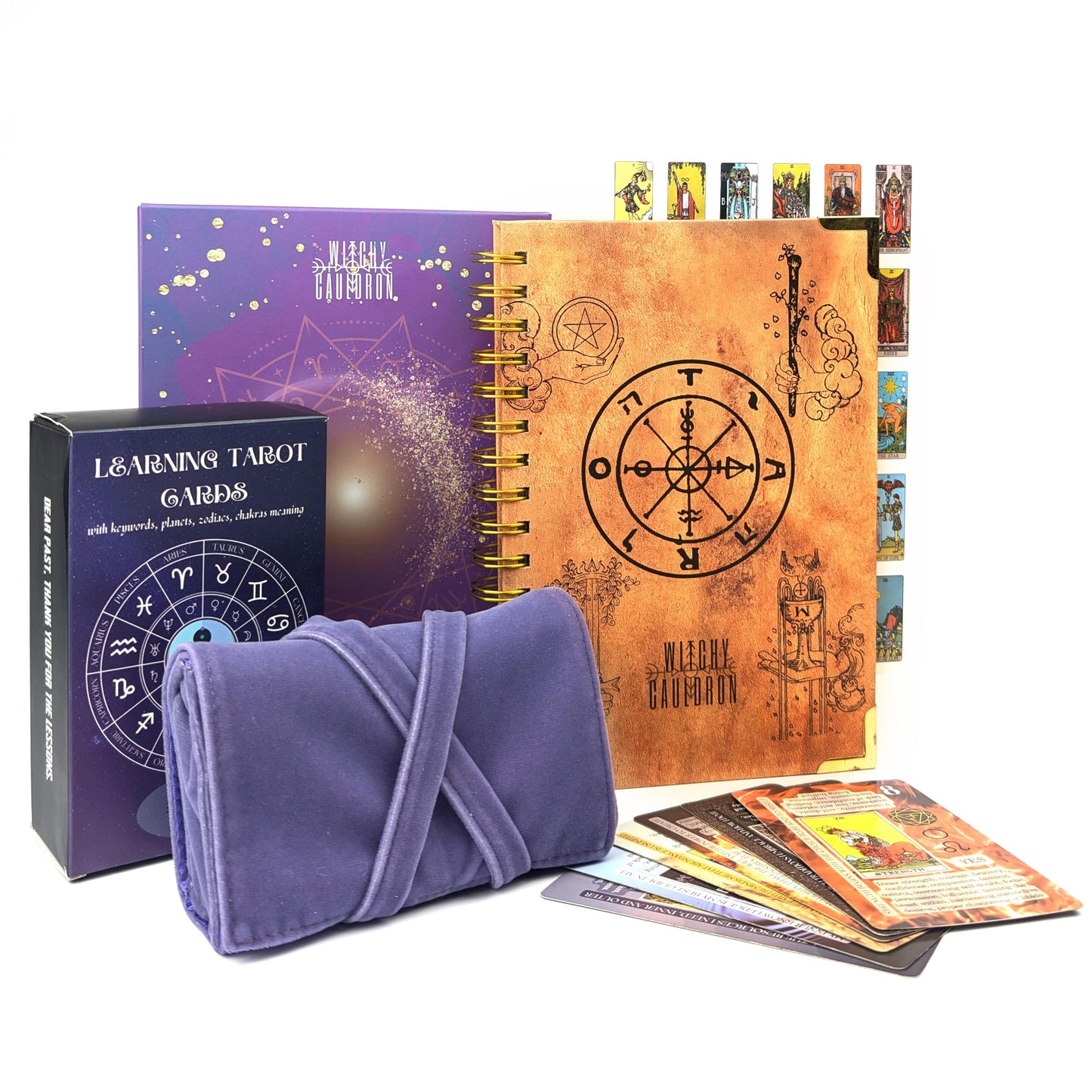 Witchy Cauldron Tarot Learning Set for Beginners: Learning Cards for Beginners, Satin Deck Holder and Journal for with Raider Waite (Blue)