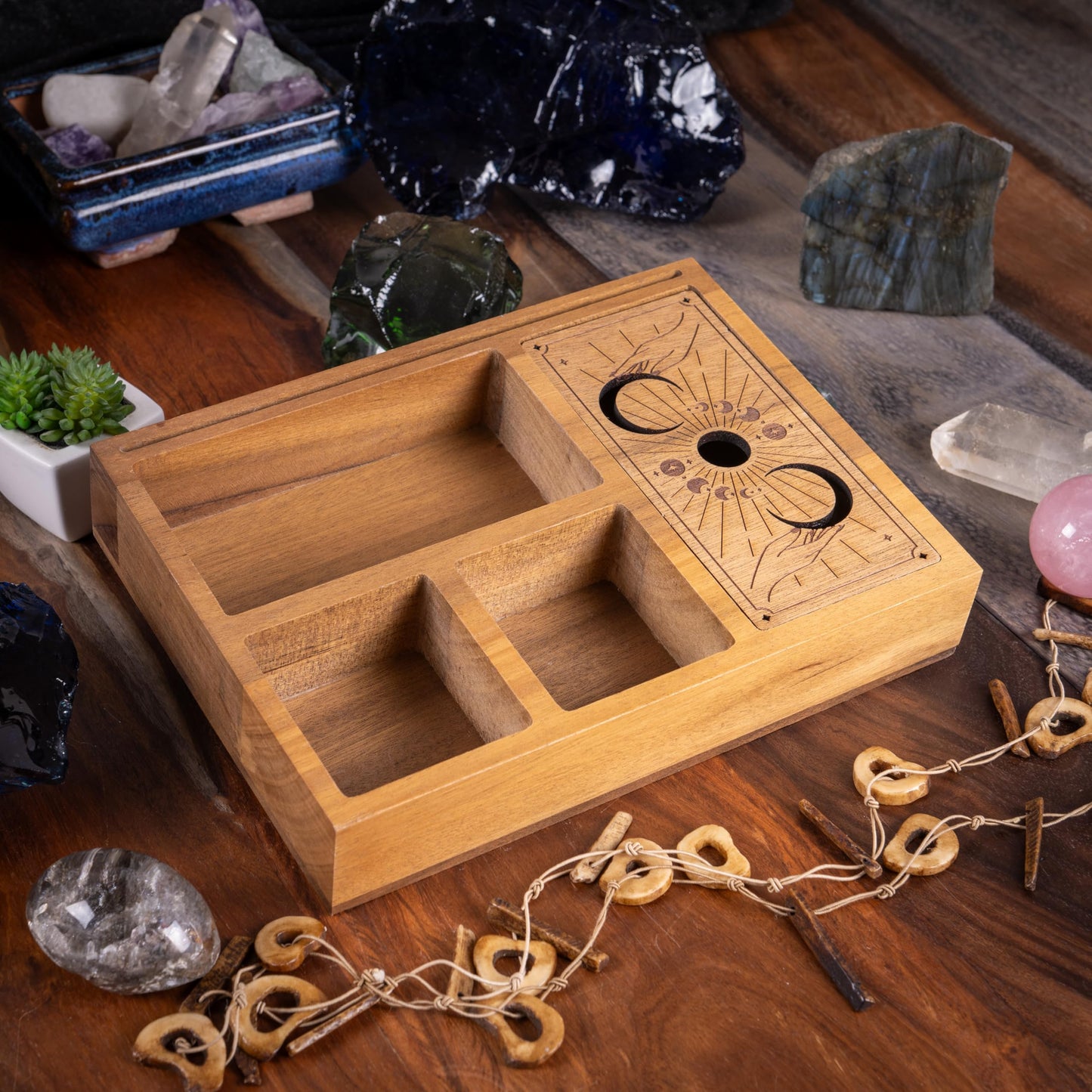 Curawood Tarot Card Holder Stand – 3 Card Display with Etched Moon | Wooden Tarot & Altar Accessory