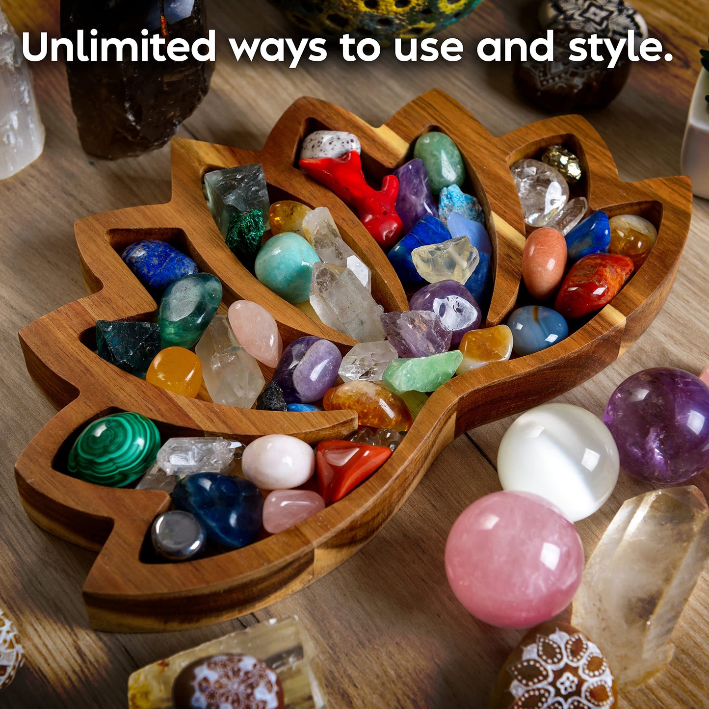 Curawood Lotus Crystal Display Tray – Wooden Charging Bowl for Gems & Healing Stones (11” x 7” Horizon)