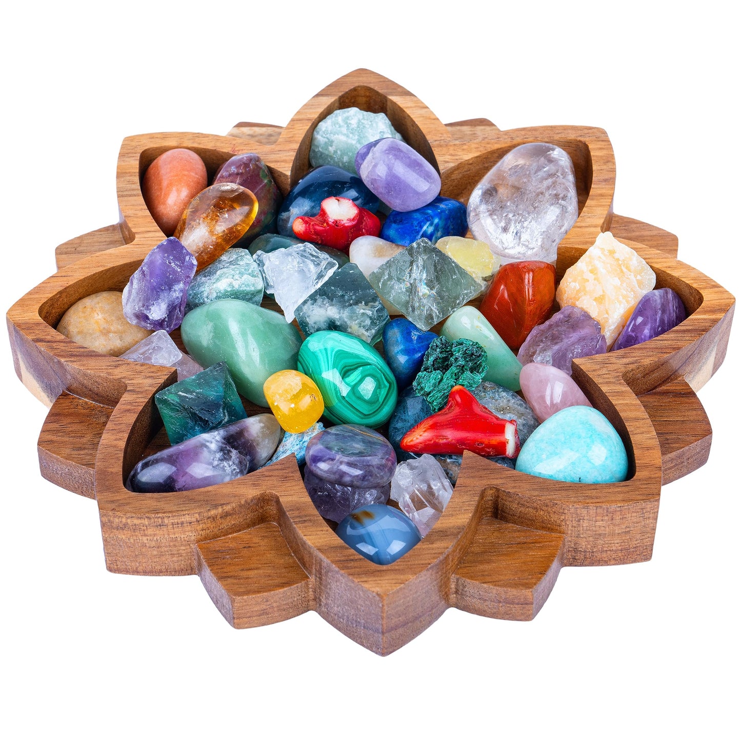 Curawood Lotus Crystal Display Tray – Wooden Charging Bowl for Gems & Healing Stones (11” x 7” Horizon)
