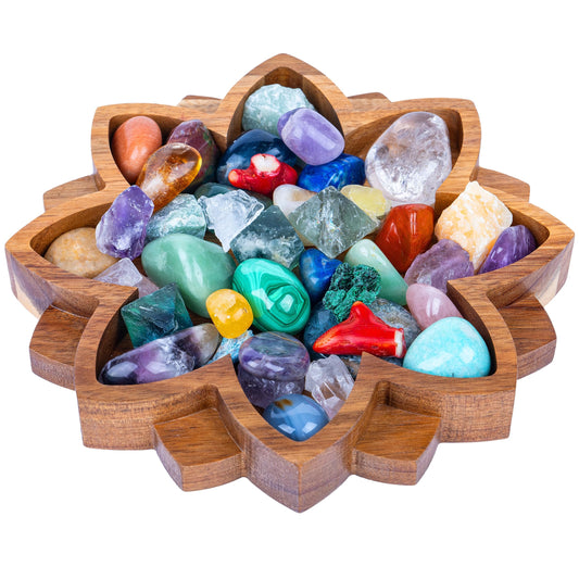 Curawood Lotus Crystal Display Tray - Showcase Your Gems, Healing Stones & Treasures - 11"x7" Wooden Rock Bowl, Crystal Holder for Stones Display Shelf, Gemstone Rock Holder Charging Bowl (Horizon)
