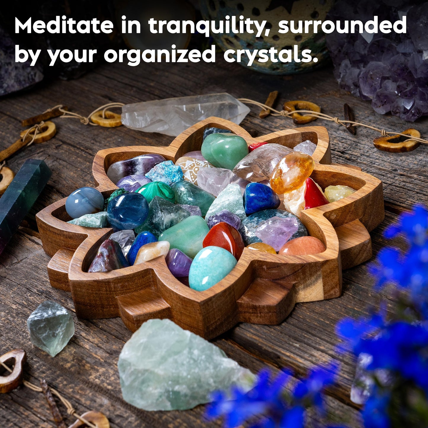 Curawood Lotus Crystal Display Tray – Wooden Charging Bowl for Gems & Healing Stones (11” x 7” Horizon)