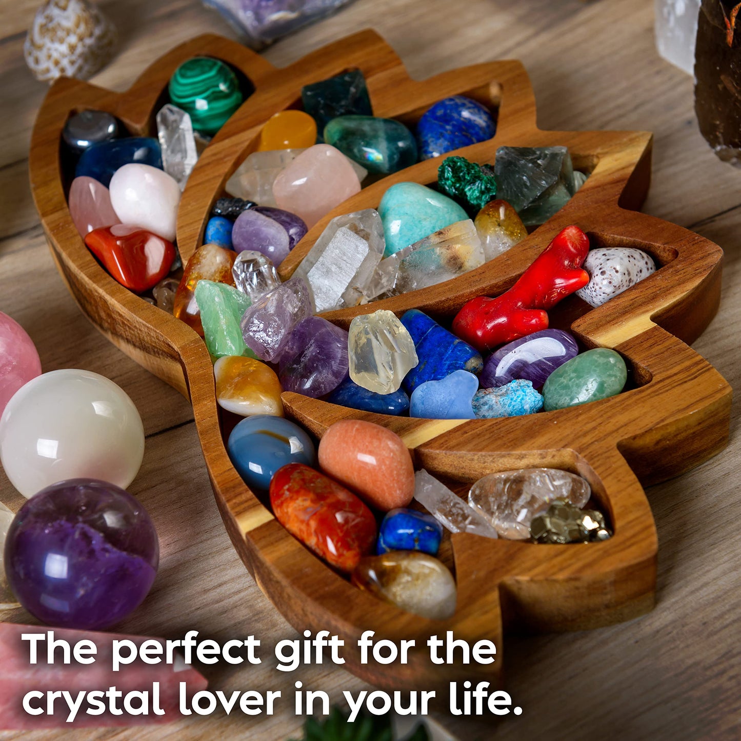 Curawood Lotus Crystal Display Tray – Wooden Charging Bowl for Gems & Healing Stones (11” x 7” Horizon)