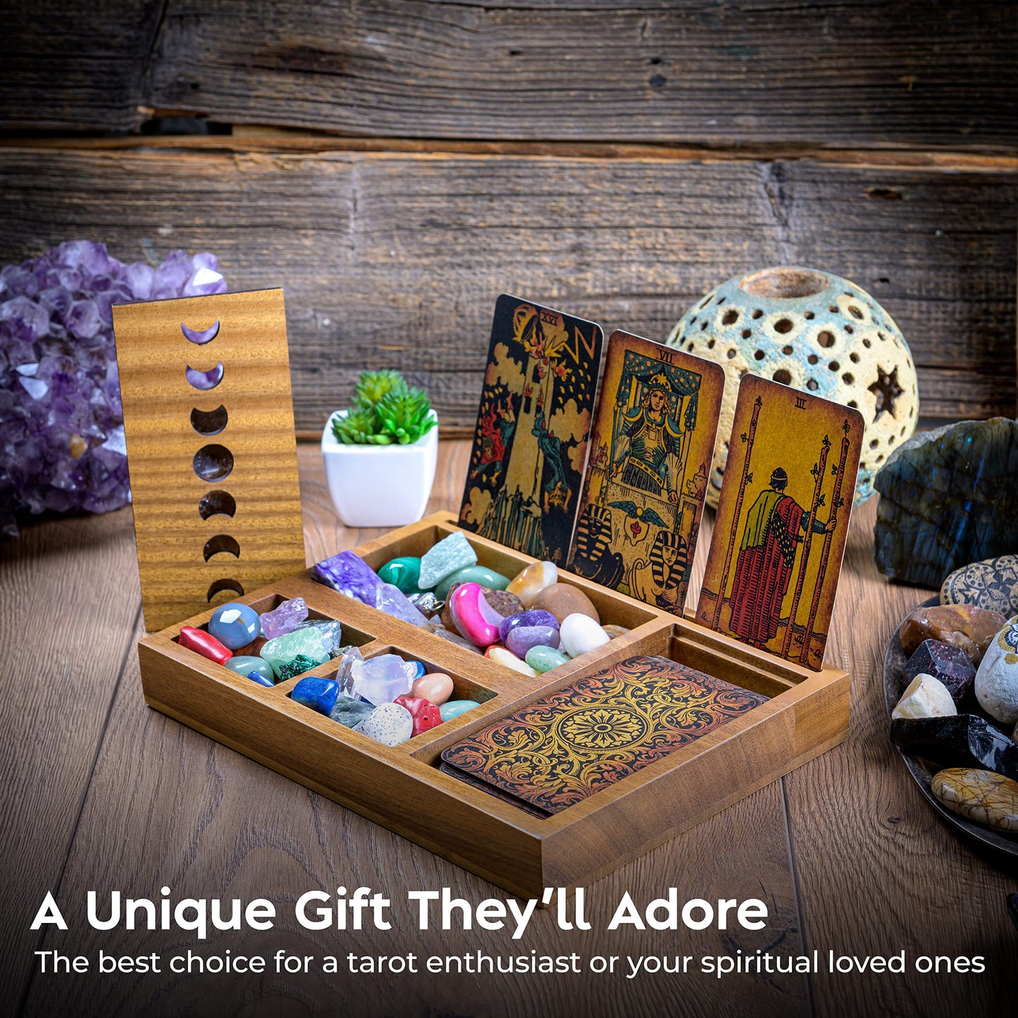 Curawood Tarot Card Holder Stand – 3 Card Display with Etched Moon | Wooden Tarot & Altar Accessory