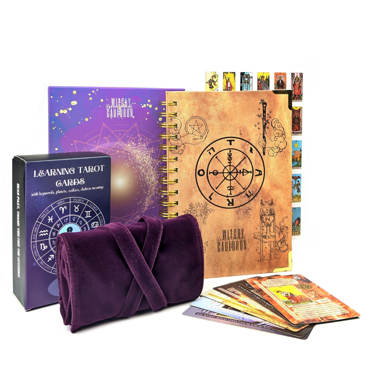 Witchy Cauldron Tarot Learning Set for Beginners: Learning Cards for Beginners, Satin Deck Holder and Journal for with Raider Waite (Blue)