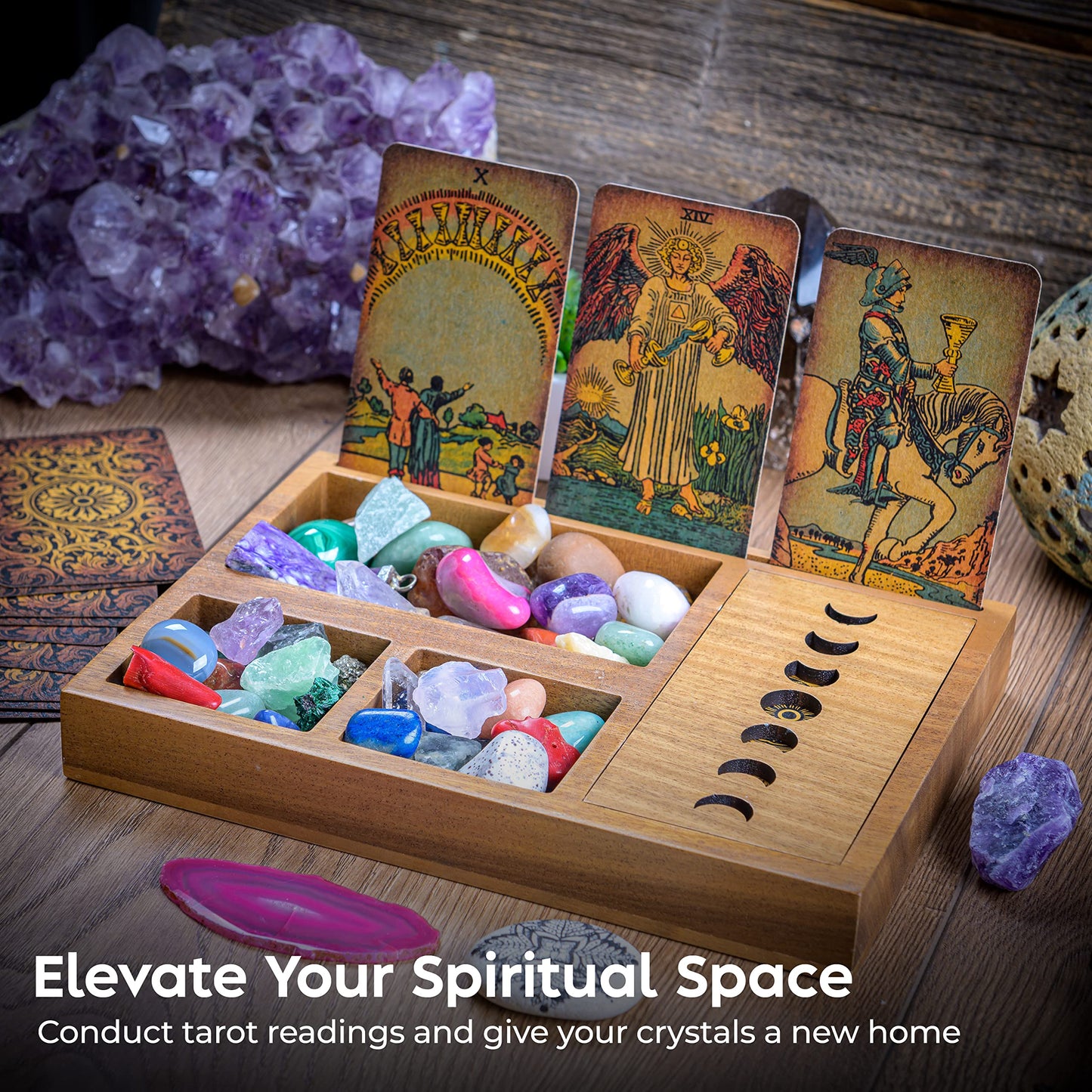 Curawood Tarot Card Holder Stand – 3 Card Display with Etched Moon | Wooden Tarot & Altar Accessory