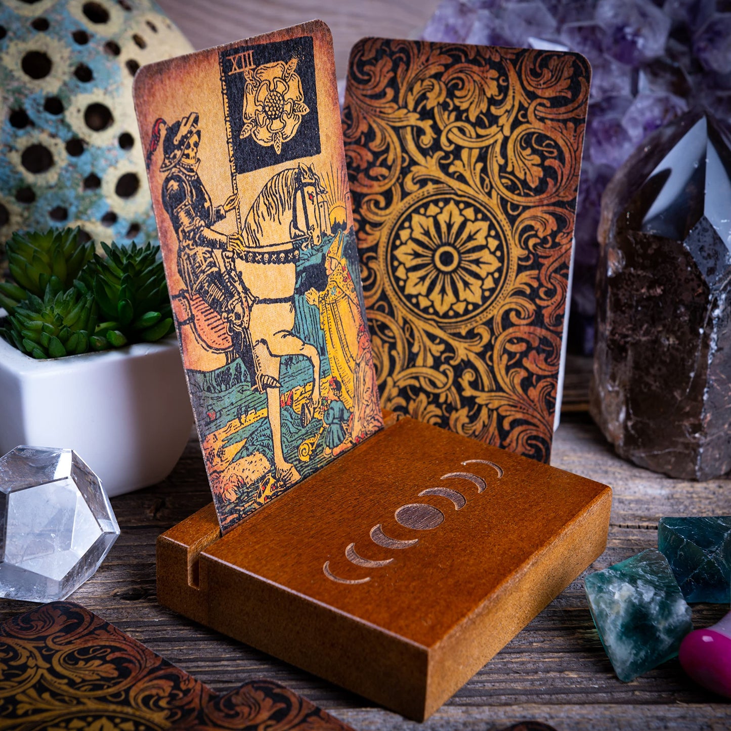 Curawood Tarot Card Holder Stand – 3 Card Display with Etched Moon | Wooden Tarot & Altar Accessory