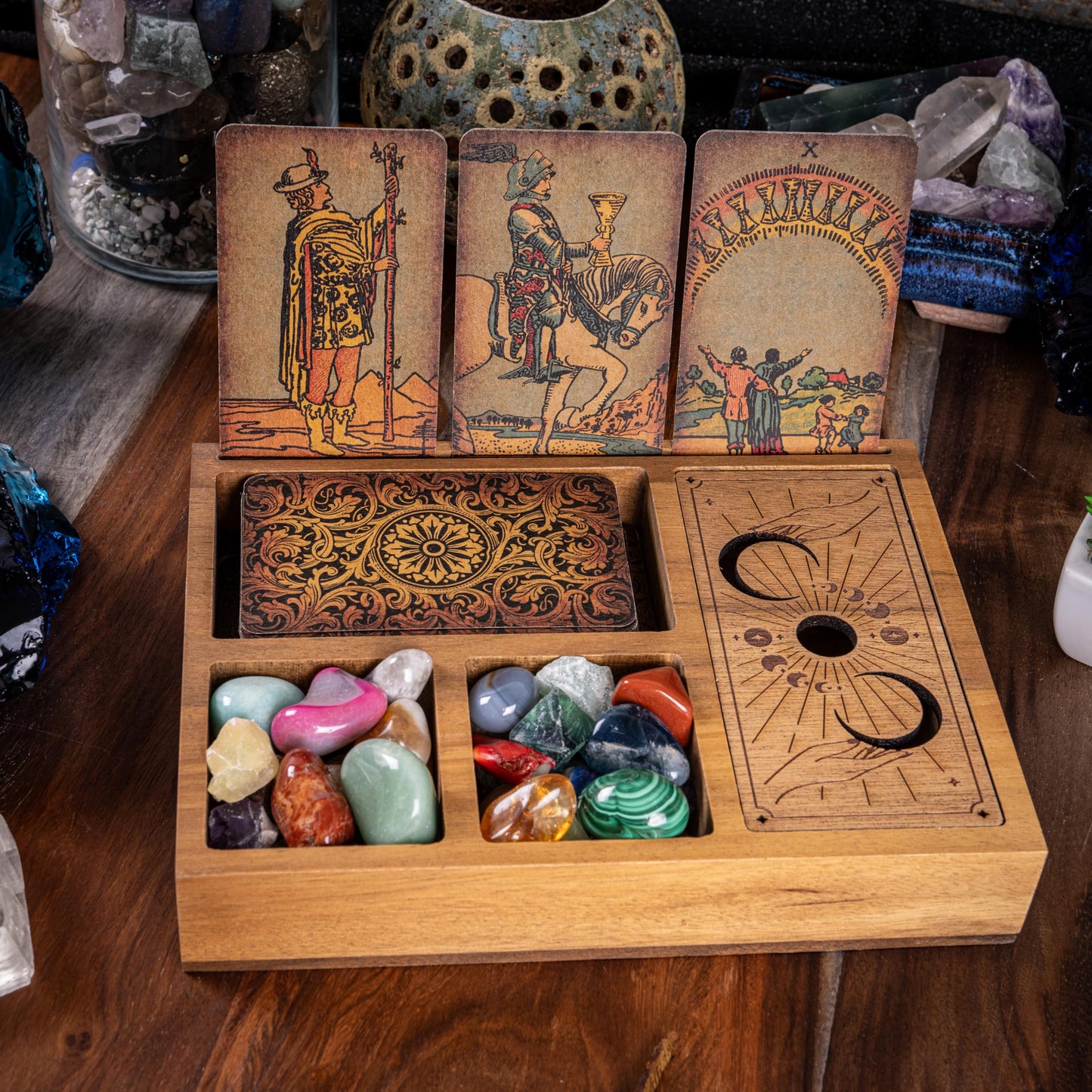 Curawood Tarot Card Holder Stand – 3 Card Display with Etched Moon | Wooden Tarot & Altar Accessory