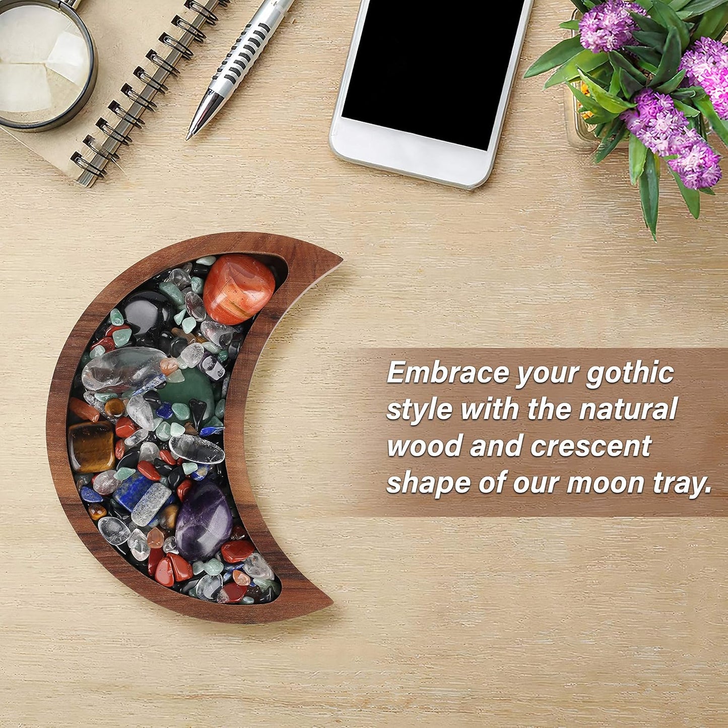 CurawWood Crescent Moon Walnut Tray – Wooden Crystal Display & Charging Dish for Gems (6” x 3”)
