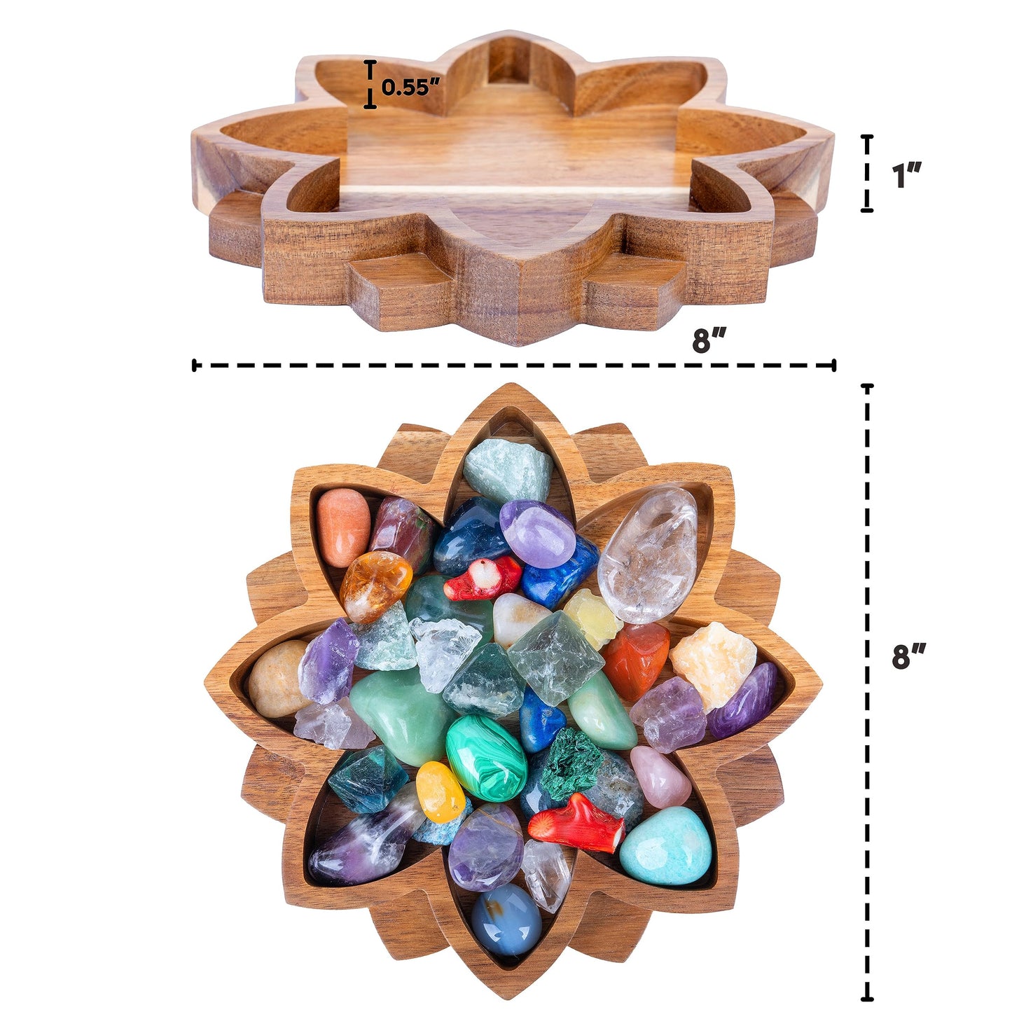 Curawood Lotus Crystal Display Tray – Wooden Charging Bowl for Gems & Healing Stones (11” x 7” Horizon)