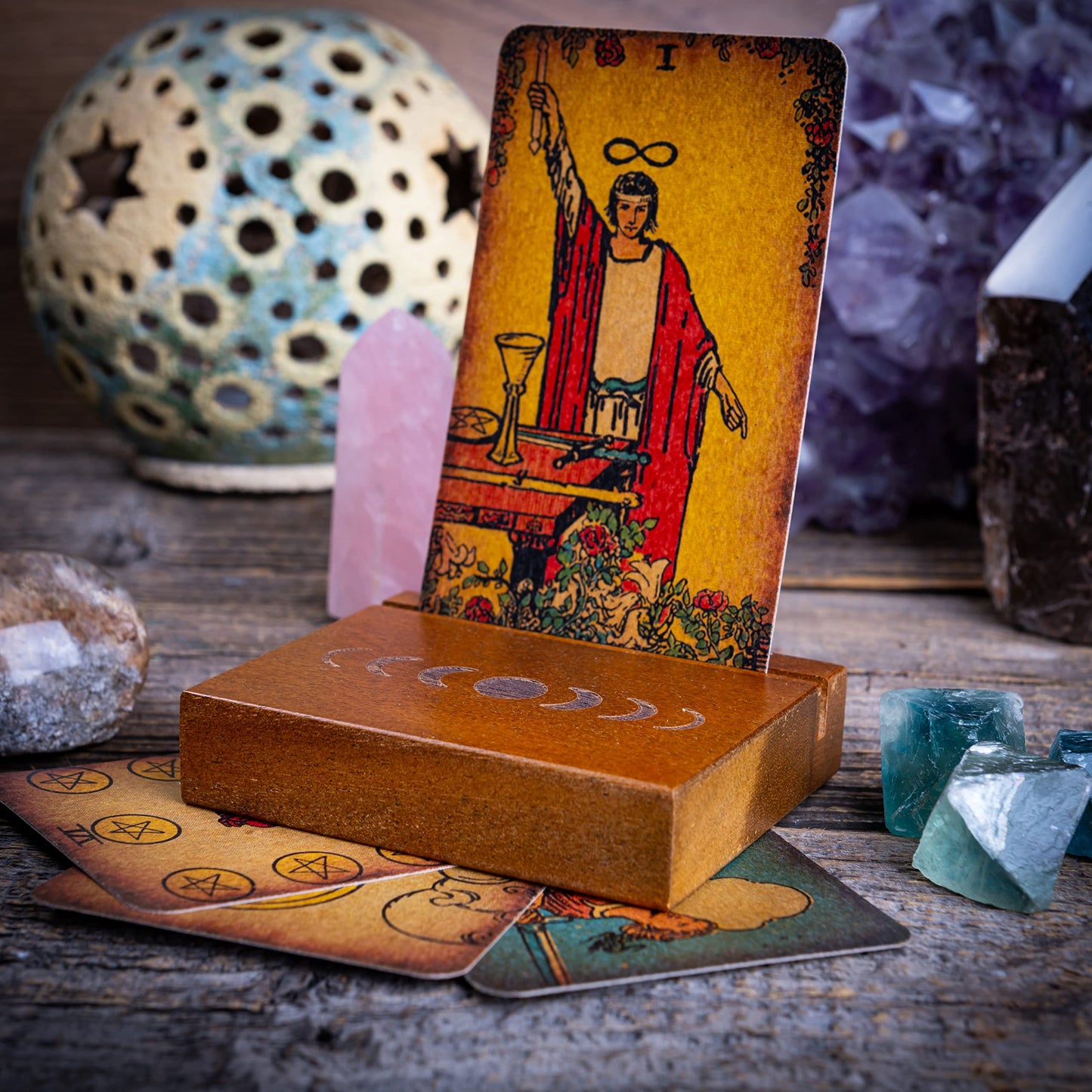 Curawood Tarot Card Holder Stand – 3 Card Display with Etched Moon | Wooden Tarot & Altar Accessory