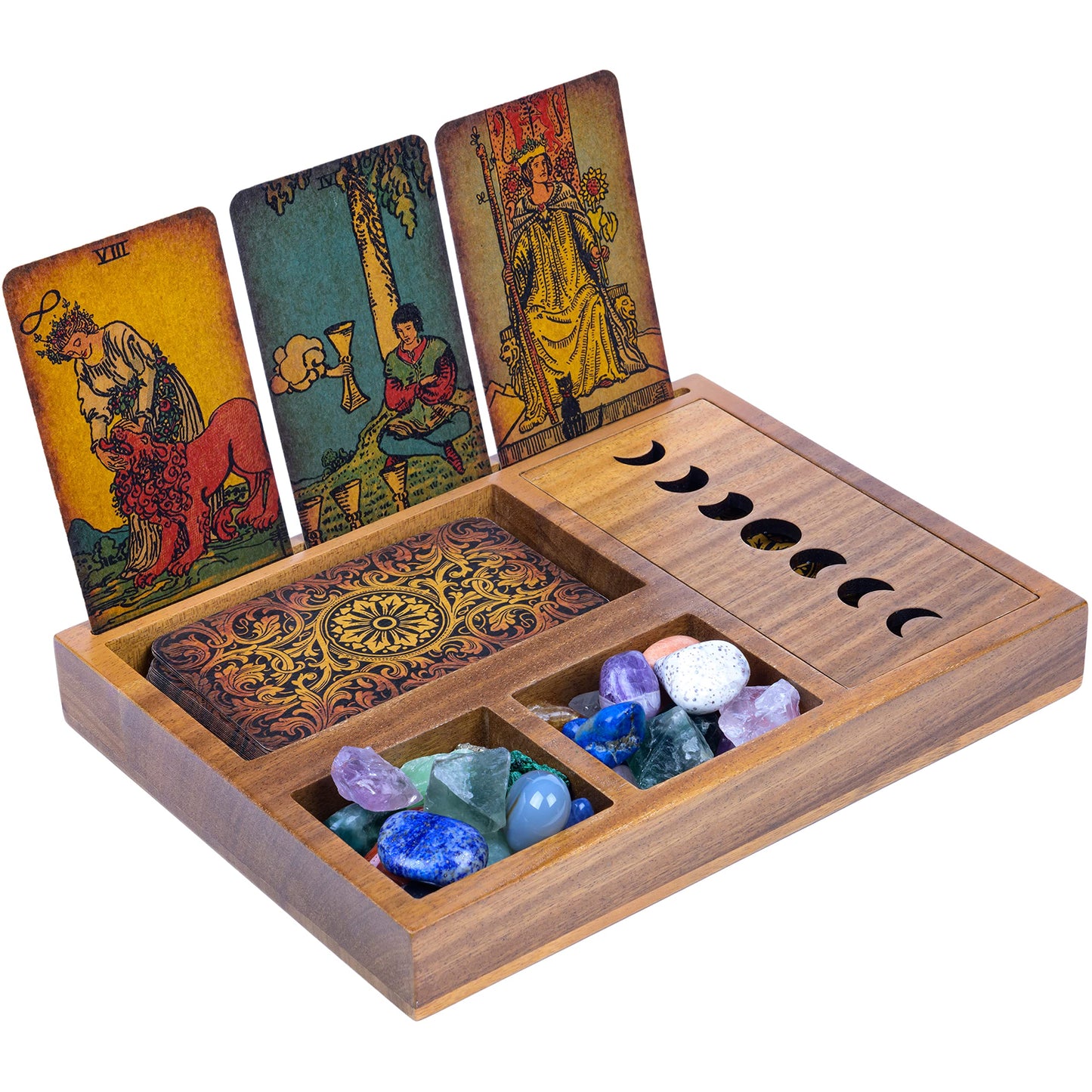 Curawood Tarot Card Holder Stand – 3 Card Display with Etched Moon | Wooden Tarot & Altar Accessory