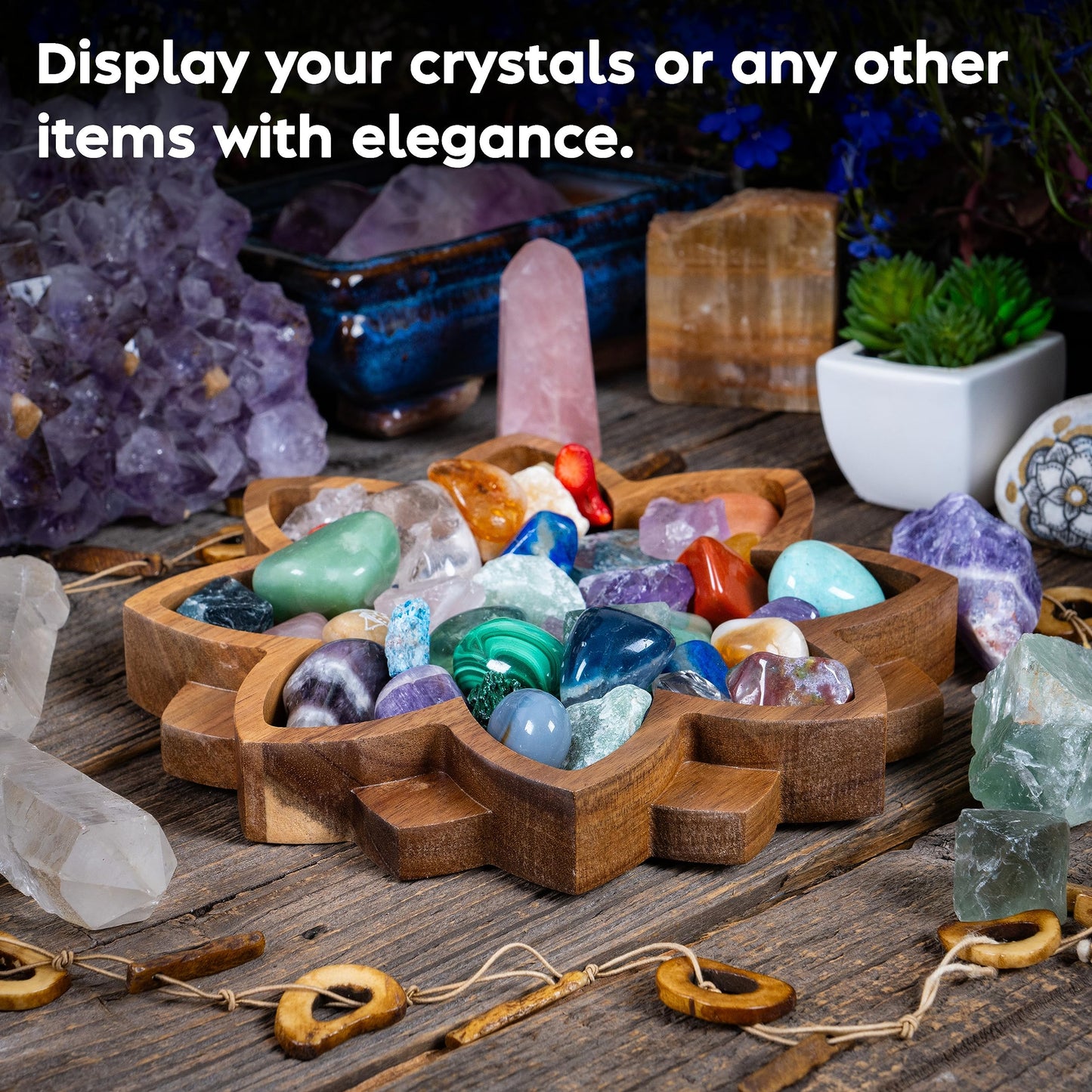 Curawood Lotus Crystal Display Tray – Wooden Charging Bowl for Gems & Healing Stones (11” x 7” Horizon)