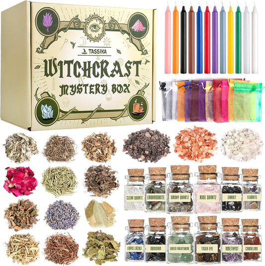 Tassika Witchcraft Starter Kit, Witchcraft Supplies for Wiccan Altar- 63 Pack of Crystals Dried Herbs, Colored Magic Candles, Charm Bags and Ritual Witches Salt for Spells, Baby Witches