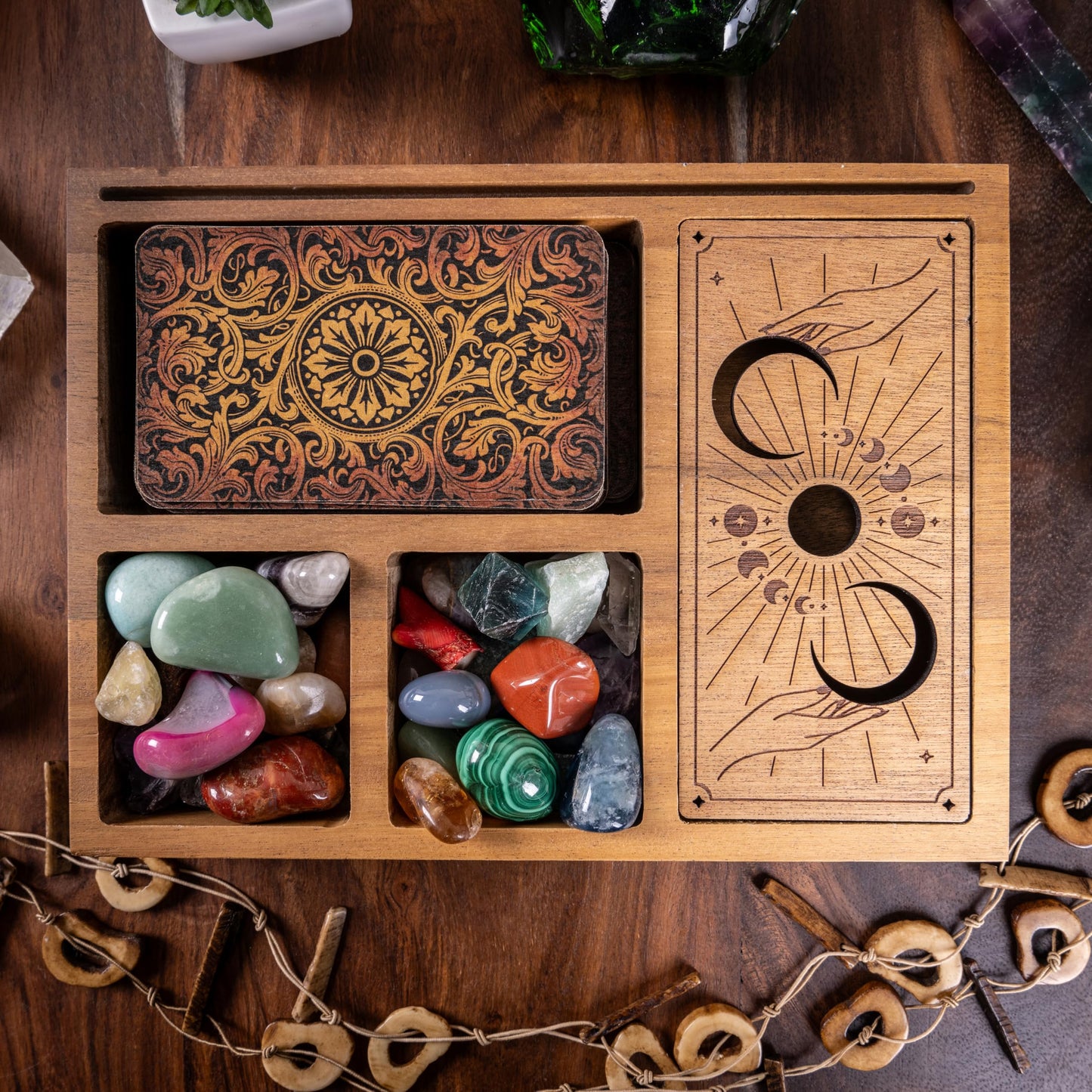 Curawood Tarot Card Holder Stand – 3 Card Display with Etched Moon | Wooden Tarot & Altar Accessory