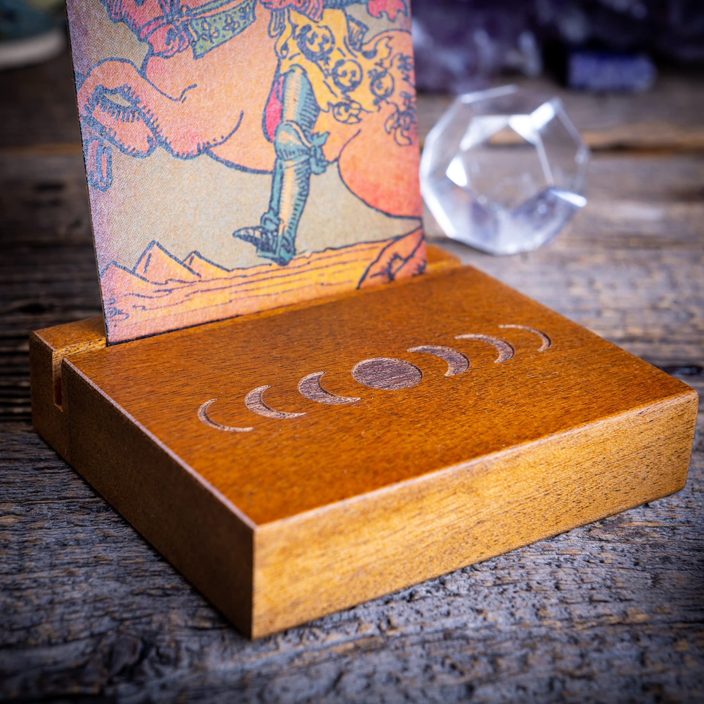 Curawood Tarot Card Holder Stand – 3 Card Display with Etched Moon | Wooden Tarot & Altar Accessory