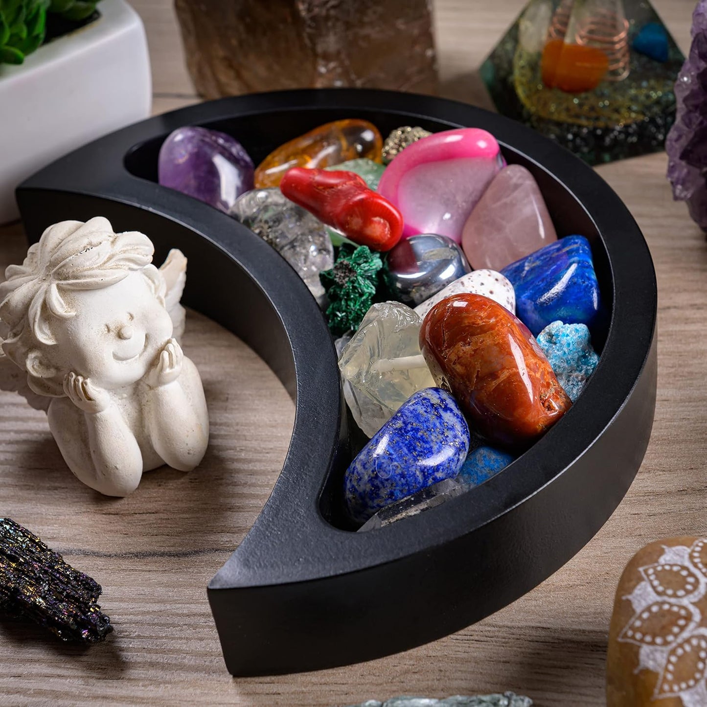 Curawood Crescent Moon Wooden Tray – Crystal Display & Charging Dish for Gems & Healing Stones (6” x 3”)