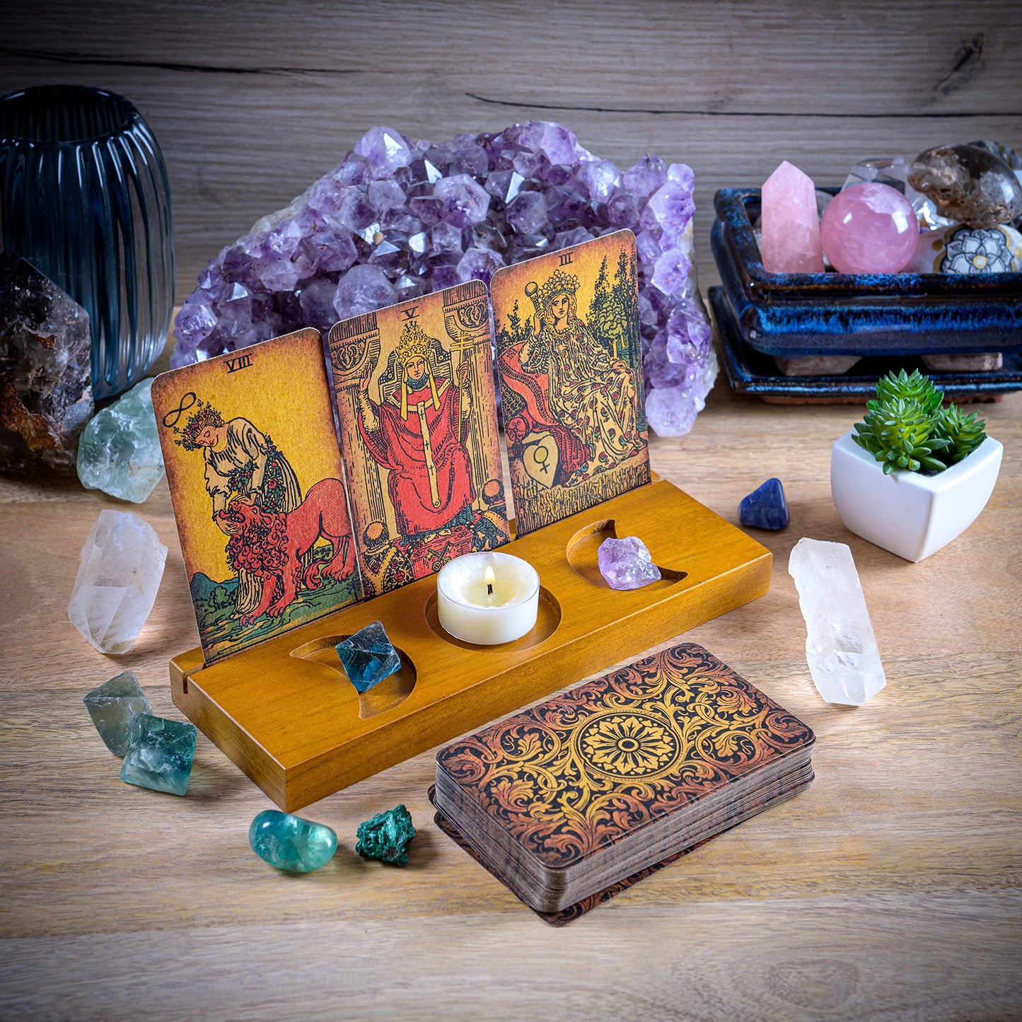 Curawood Tarot Card Holder Stand – 3 Card Display with Etched Moon | Wooden Tarot & Altar Accessory