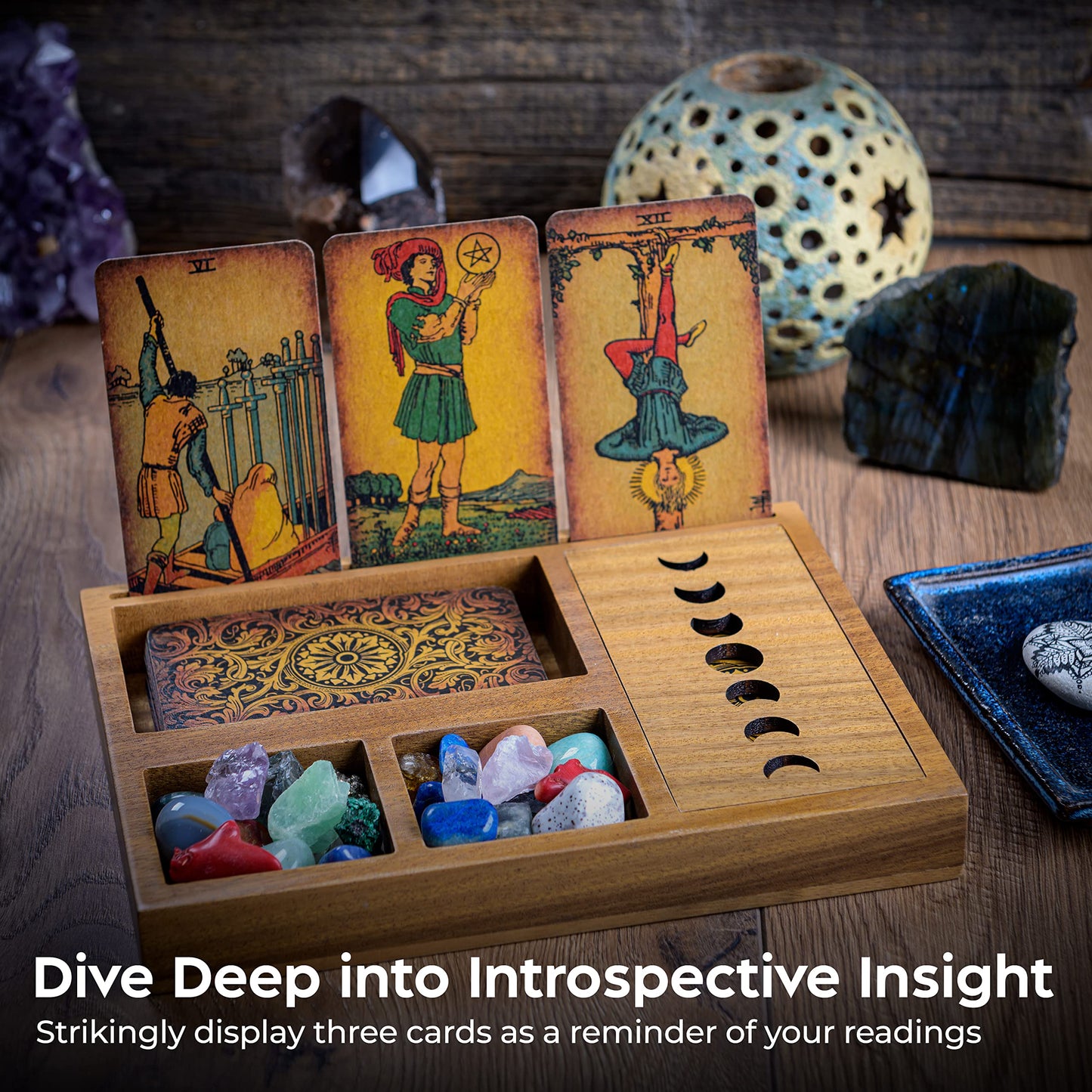 Curawood Tarot Card Holder Stand – 3 Card Display with Etched Moon | Wooden Tarot & Altar Accessory