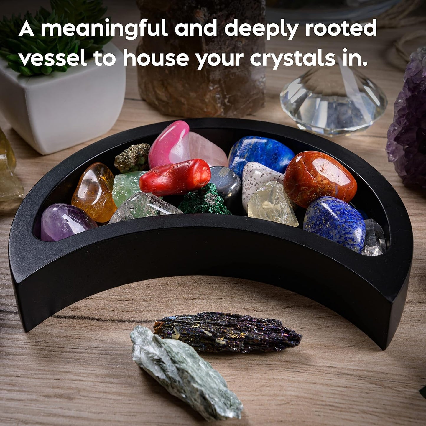 Curawood Crescent Moon Wooden Tray – Crystal Display & Charging Dish for Gems & Healing Stones (6” x 3”)