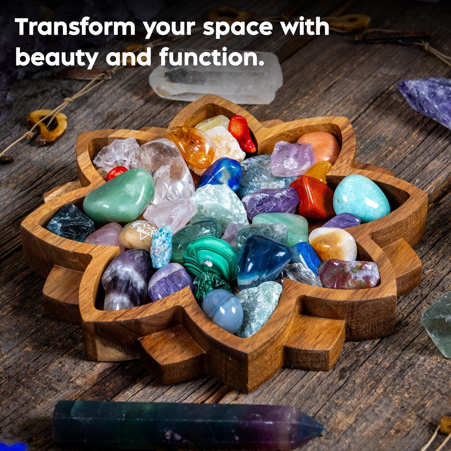 Curawood Lotus Crystal Display Tray – Wooden Charging Bowl for Gems & Healing Stones (11” x 7” Horizon)