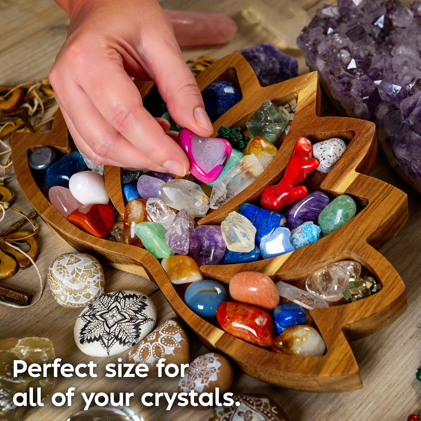 Curawood Lotus Crystal Display Tray – Wooden Charging Bowl for Gems & Healing Stones (11” x 7” Horizon)