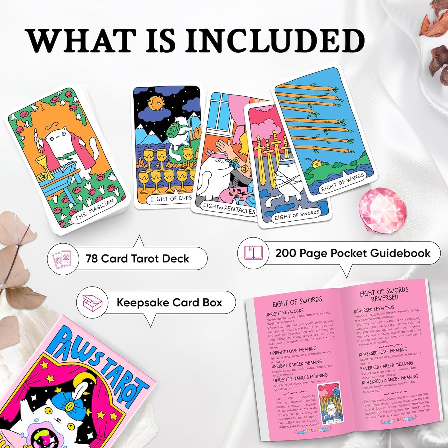Wyspell Cat Tarot Cards with Guide Book - Unique 78-Card Tarot Deck - Beginner Friendly - Beautiful & Modern Tarot Decks for Cat Lovers and Enthusiasts