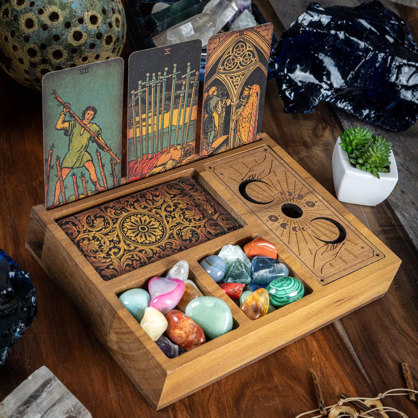 Curawood Tarot Card Holder Stand – 3 Card Display with Etched Moon | Wooden Tarot & Altar Accessory
