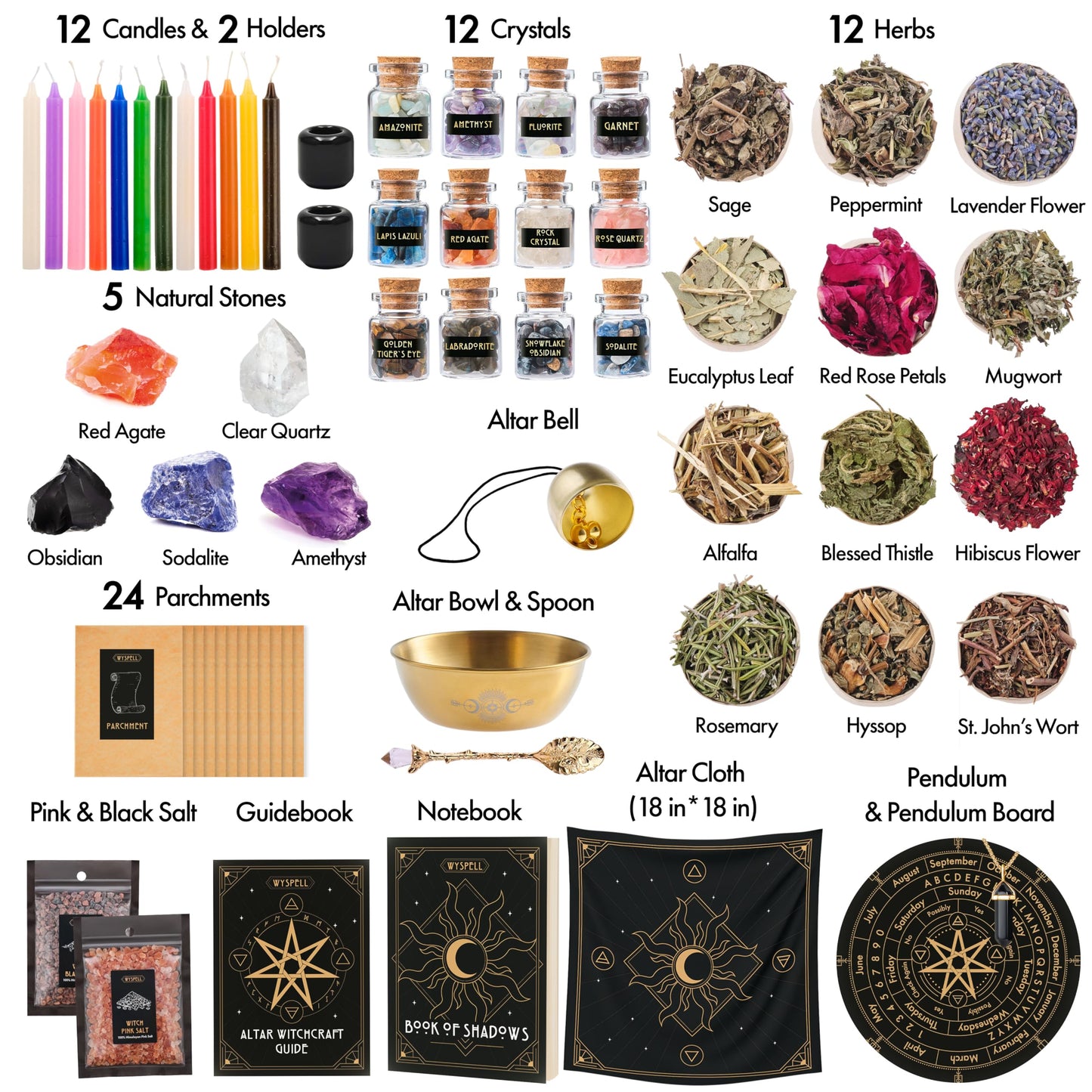 Wyspell Large Witchcraft Kit 77 PCS - Witch Altar Spell Set - Wiccan Supplies and Tools - Witch Kit for Beginners with Witchcraft Supplies - Witchy Gift