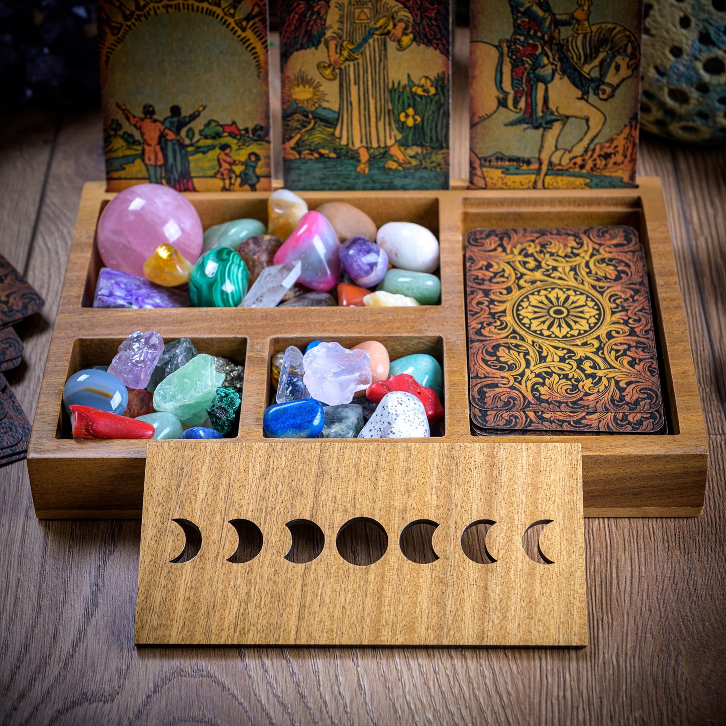 Curawood Tarot Card Holder Stand – 3 Card Display with Etched Moon | Wooden Tarot & Altar Accessory