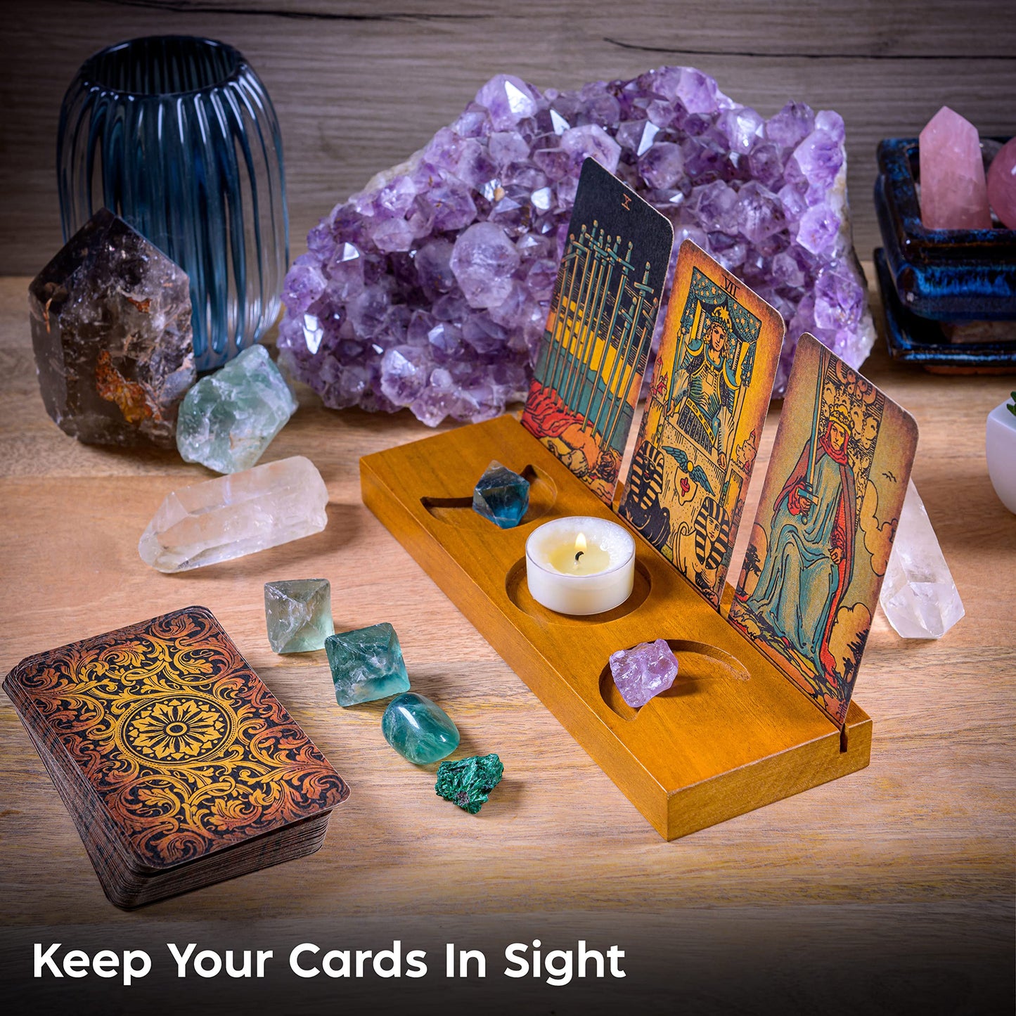 Curawood Tarot Card Holder Stand – 3 Card Display with Etched Moon | Wooden Tarot & Altar Accessory