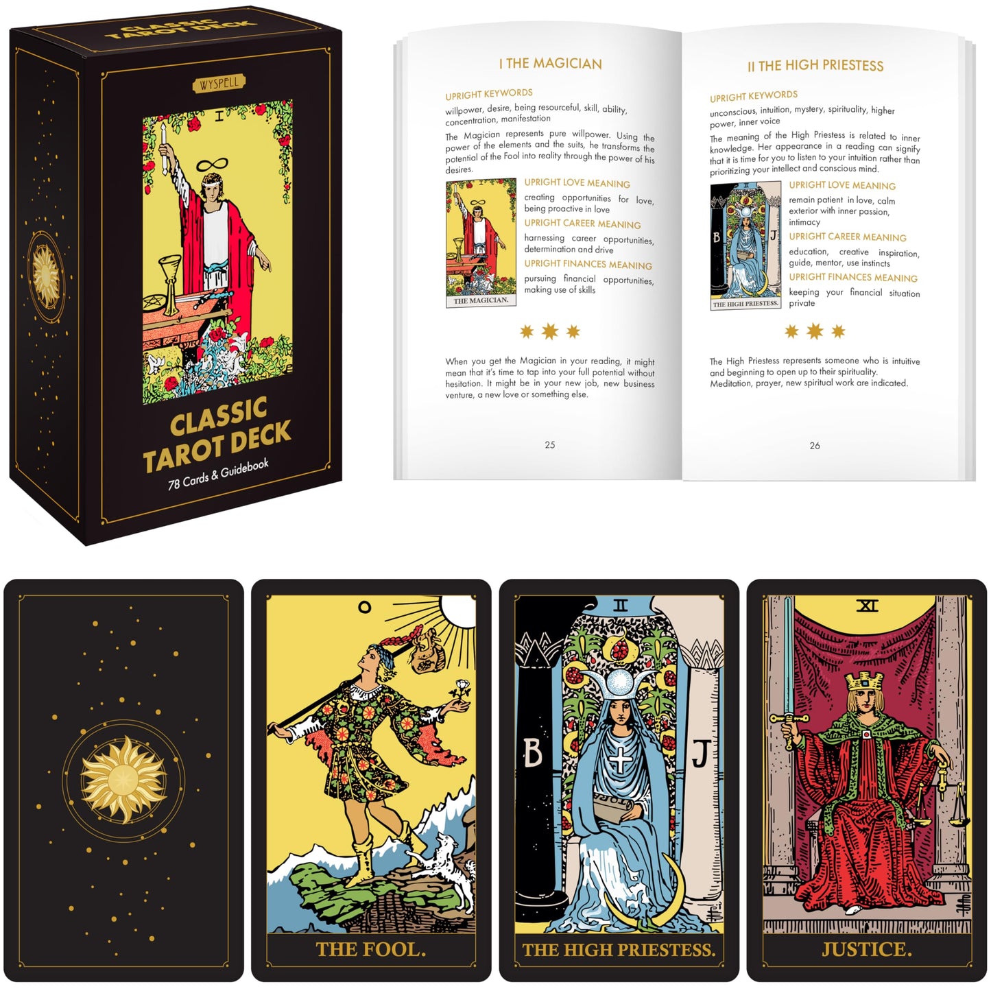 Wyspell Classic Tarot Cards for Beginners - Original Tarot Cards with Guide Book - Beginner Friendly - Traditional Tarot Deck (Dark)