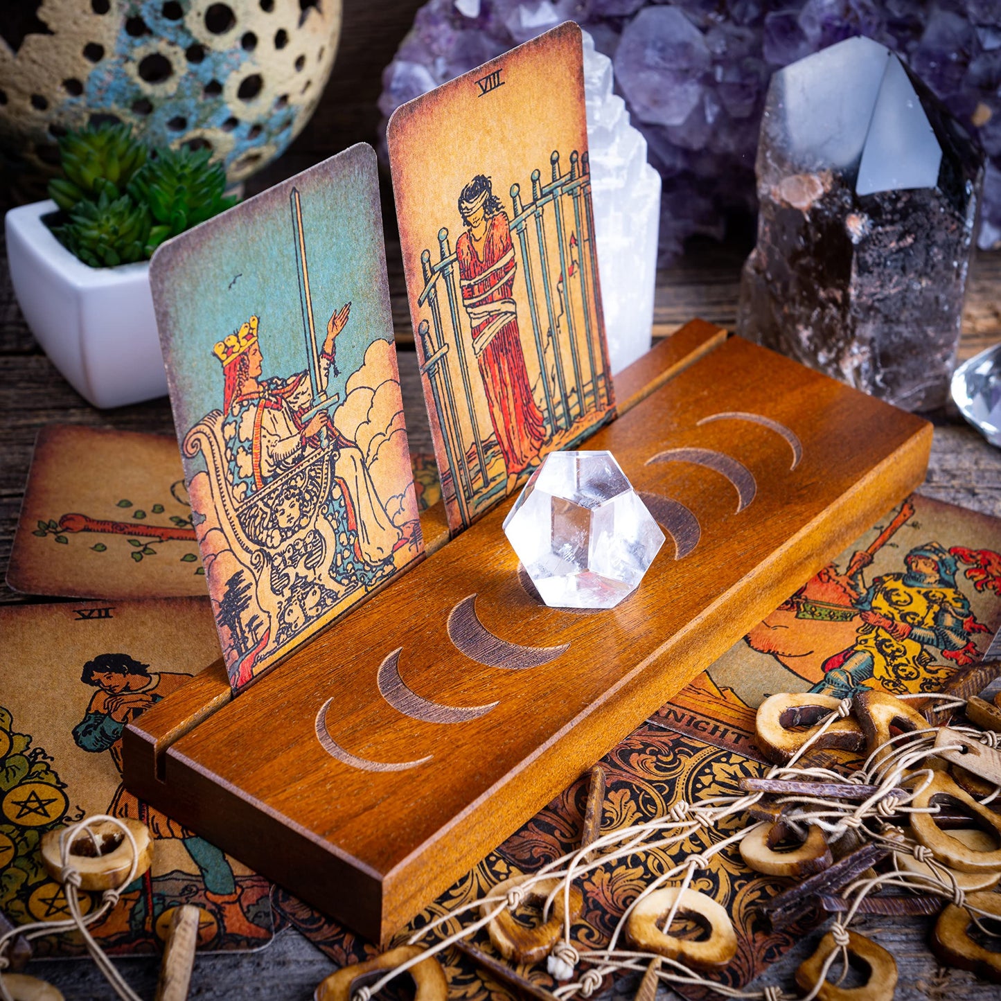 Curawood Tarot Card Holder Stand – 3 Card Display with Etched Moon | Wooden Tarot & Altar Accessory