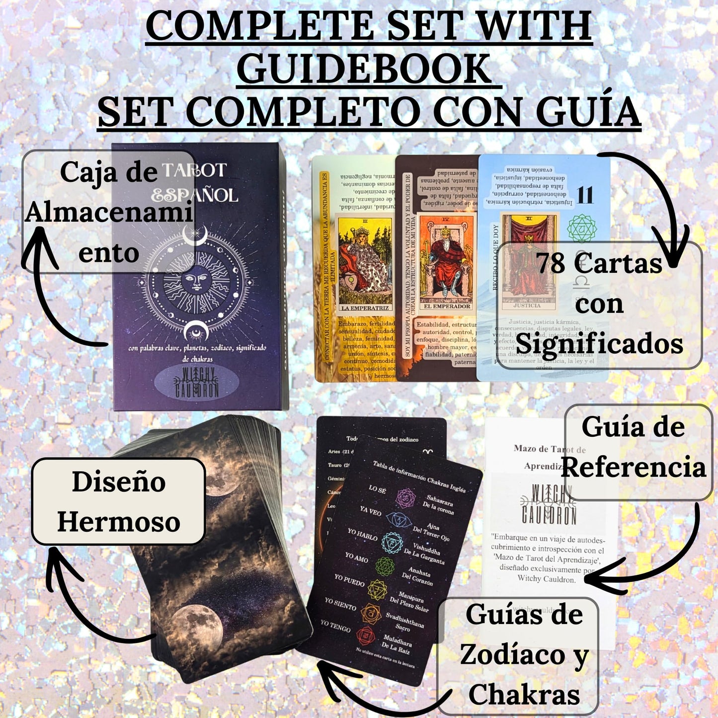 Witchy Cauldron Tarot Cards for Beginners with Meanings on Each Card — 78 Card Learning Tarot Deck with Guidebook, Reversed Meanings, Chakra, Zodiac & Planetary Symbols | Rider-Waite Style (English)